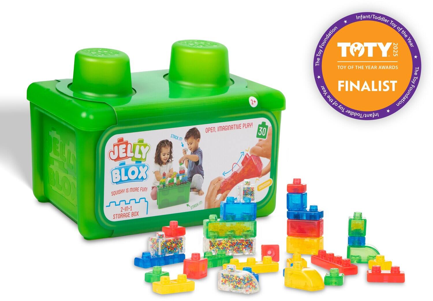 JELLY BLOX IS MORE FUN! SQUISHY 2-10-1 STORAGE BOX  
STACK IT!  
2+ IMAGINATIVE PLAY! OPEN, 30 SMOOSHY STASH  
Infant/Toddler Toy of the Year Toy TOTY 2025 The TOY OF THE YEAR AWARDS The Toy Year FINALIST