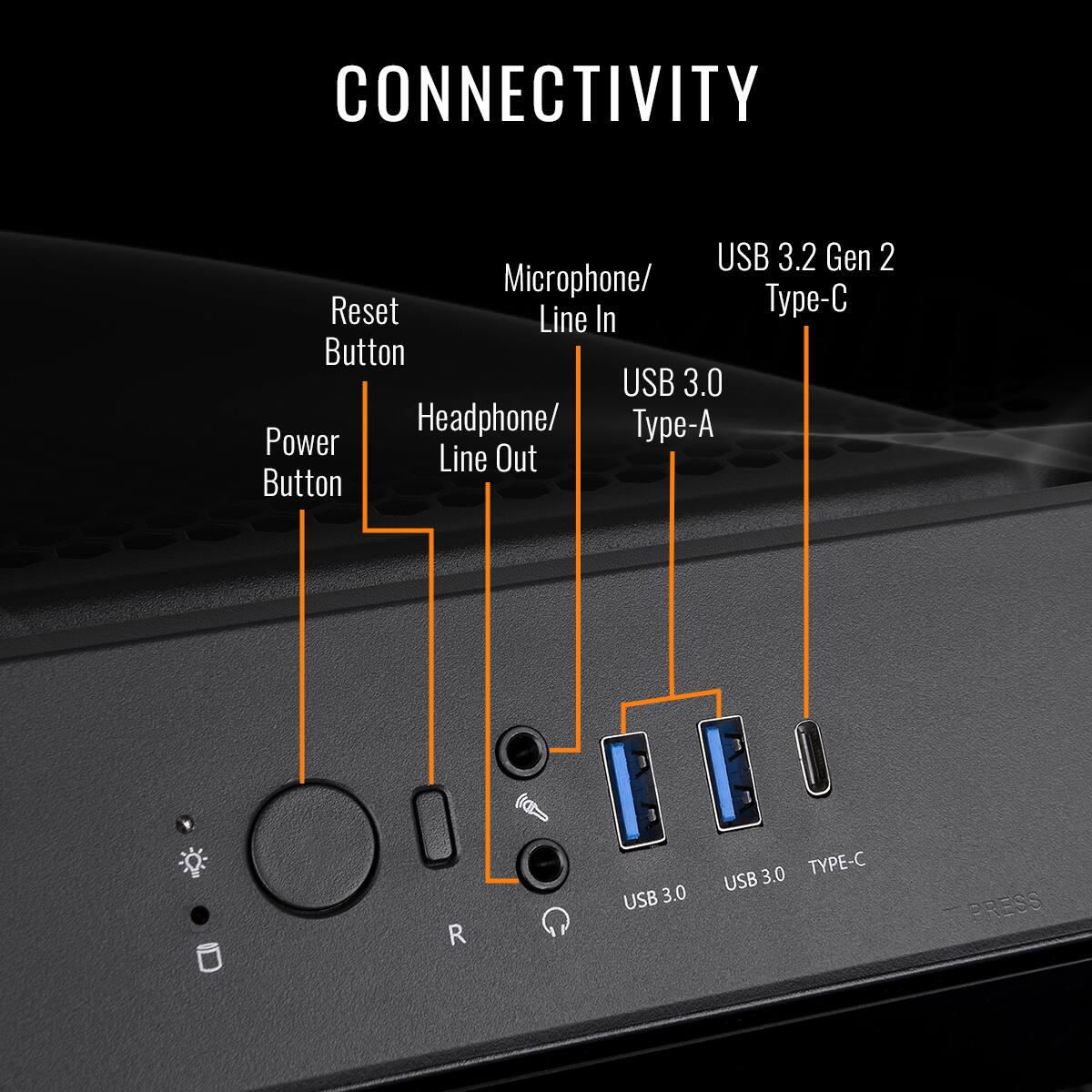 Here is the corrected and grouped text:

- **Connectivity:**
  - USB 3.2 Gen 2 Microphone/ Line In (Type-C)
  - USB 3.0 Headphone/ Line Out (Type-A)
  - USB 3.0 (Type-C)
  - Reset Button
  - Power Button
  - Headphone/ Line Out Button (R)