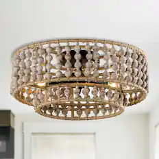 Front. Parrot Uncle - Boho 3-Light Drum Wood Beaded Flush Mount Ceiling Light - Wood.