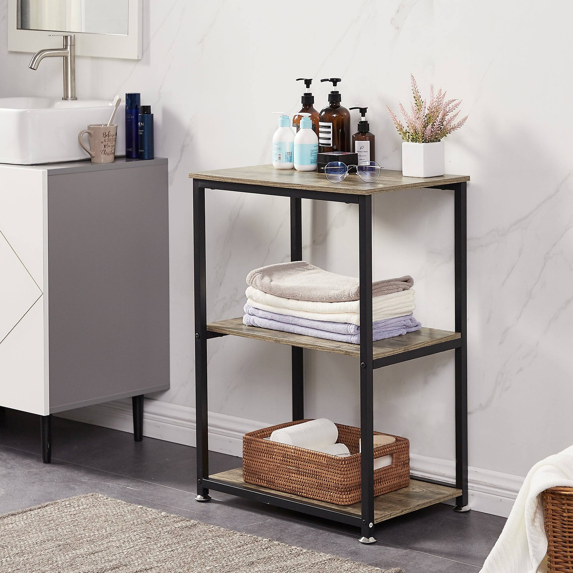 Alt View 1. Vecelo - Industrial Metal Frame Side Table with 3-Tier Storage Shelves – Narrow Bedside/End Table for Small Spaces & Apartments - 2*Gray.