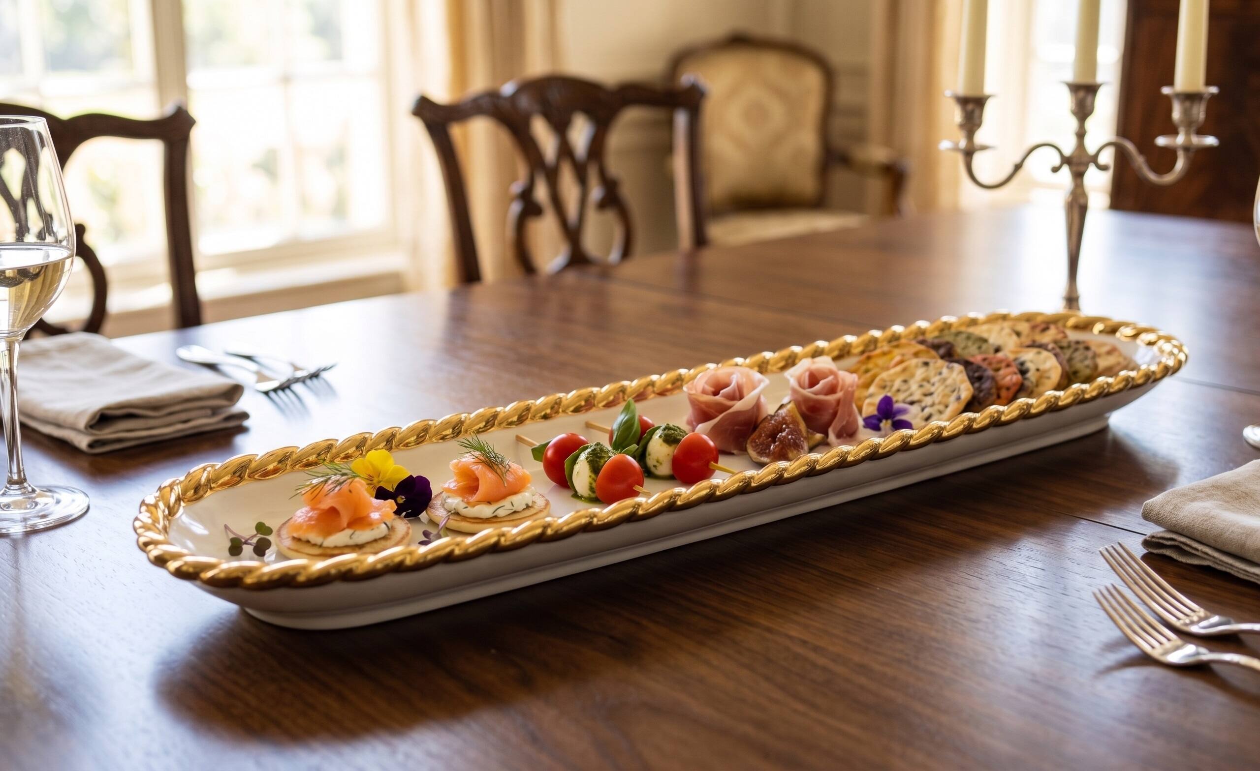 Left. Jiallo - 14 inch Gold-Trimmed Porcelain Cracker & Appetizer Serving Tray - White & Gold.