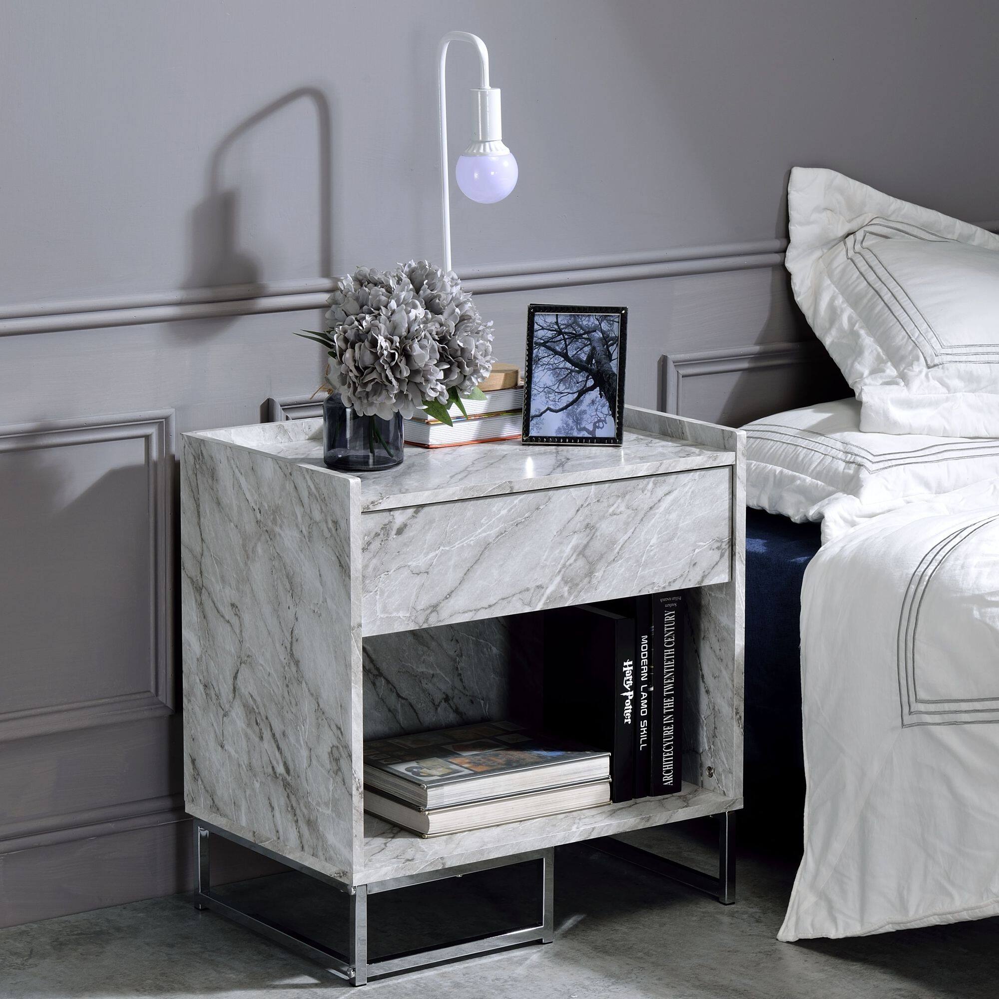 GOODSILO - Contemporary Faux Marble Accent Table with Chrome Metal Base and Storage Drawer for Living Room Decor - White