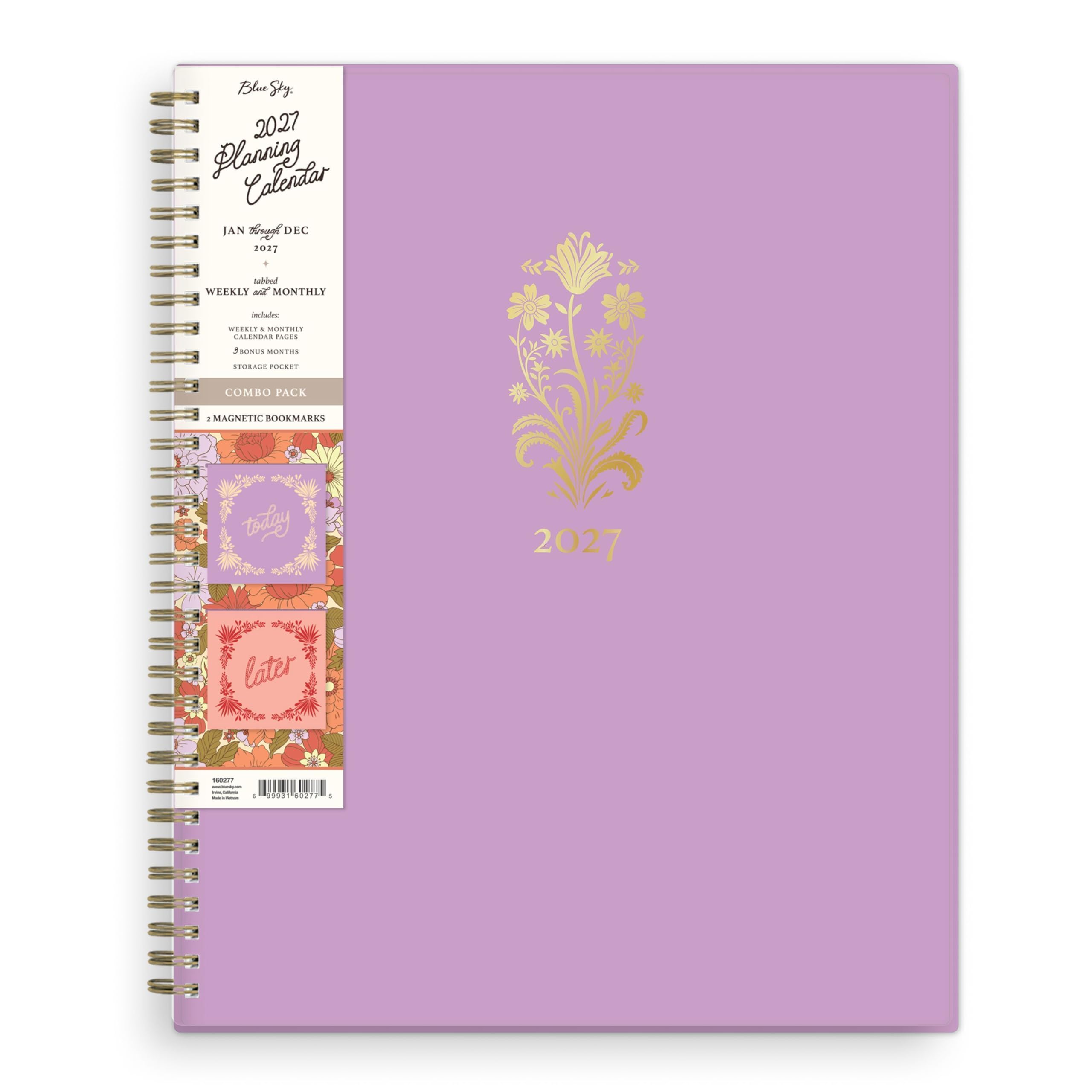 Blue Sty: 2027 Planning Calendar JAN - DEC 2027  
tabbed WEEKLY and MONTHLY  
includes:  
WEEKLY & MONTHLY CALENDAR MIGES  
5 BONUS MONTHS  
STORAGE POCKET  
COMBO PACK  
2 MAGNETIC BOOKMARKS  

today  
later  

2027  
100077  
6  
99931 60277