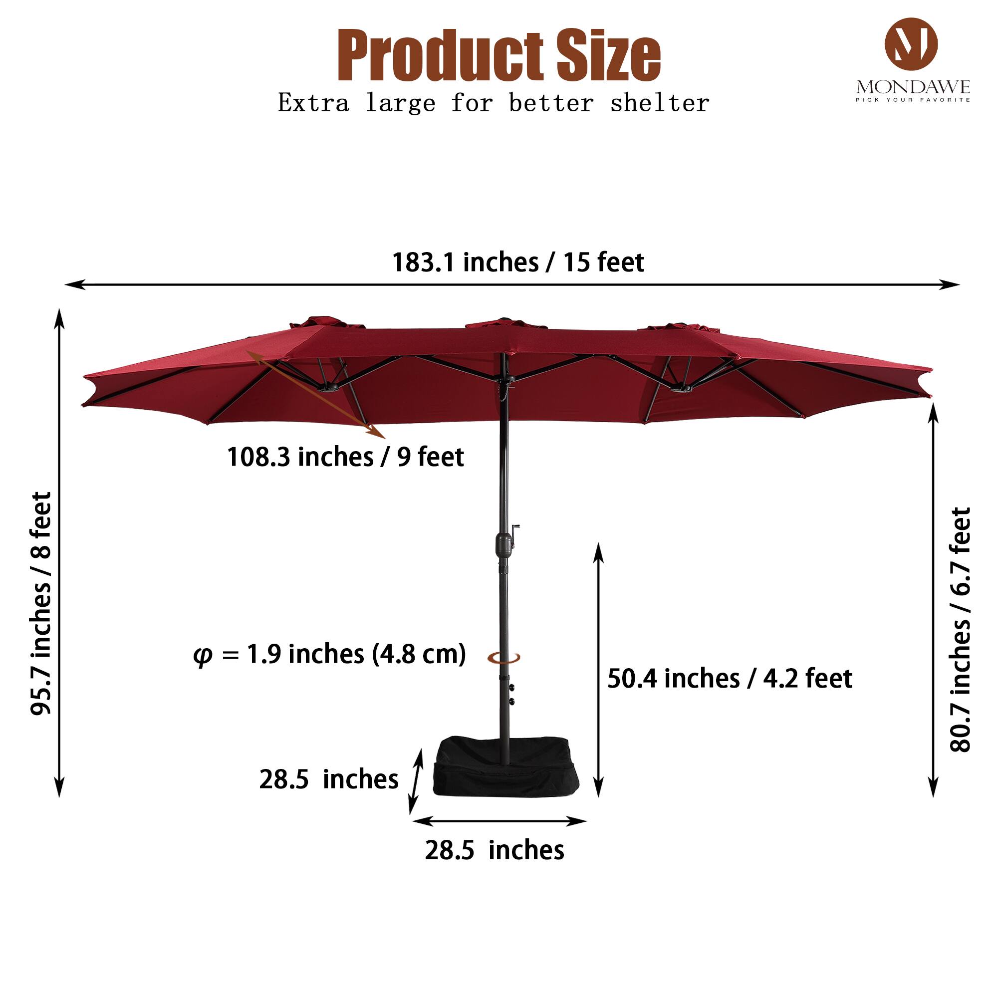 Product Size  
Extra large for better shelter  

- 183.1 inches / 15 feet  
- 108.3 inches / 9 feet  
- 95.7 inches / 8 feet  
- 50.4 inches / 4.2 feet  
- 80.7 inches / 6.7 feet  
- 28.5 inches  
- 28.5 inches  
- φ = 1.9 inches (4.8 cm)