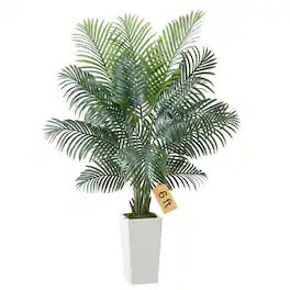 VEVOR - Artificial Areca Palm Tree 6 ft, Fake Palm Tropical Plants with White Tall Planter, Faux Floor Silk Plant in Pot - Green