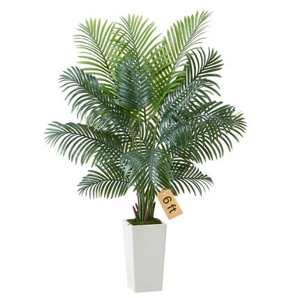 Front. VEVOR - Artificial Areca Palm Tree 6 ft, Fake Palm Tropical Plants with White Tall Planter, Faux Floor Silk Plant in Pot - Green.