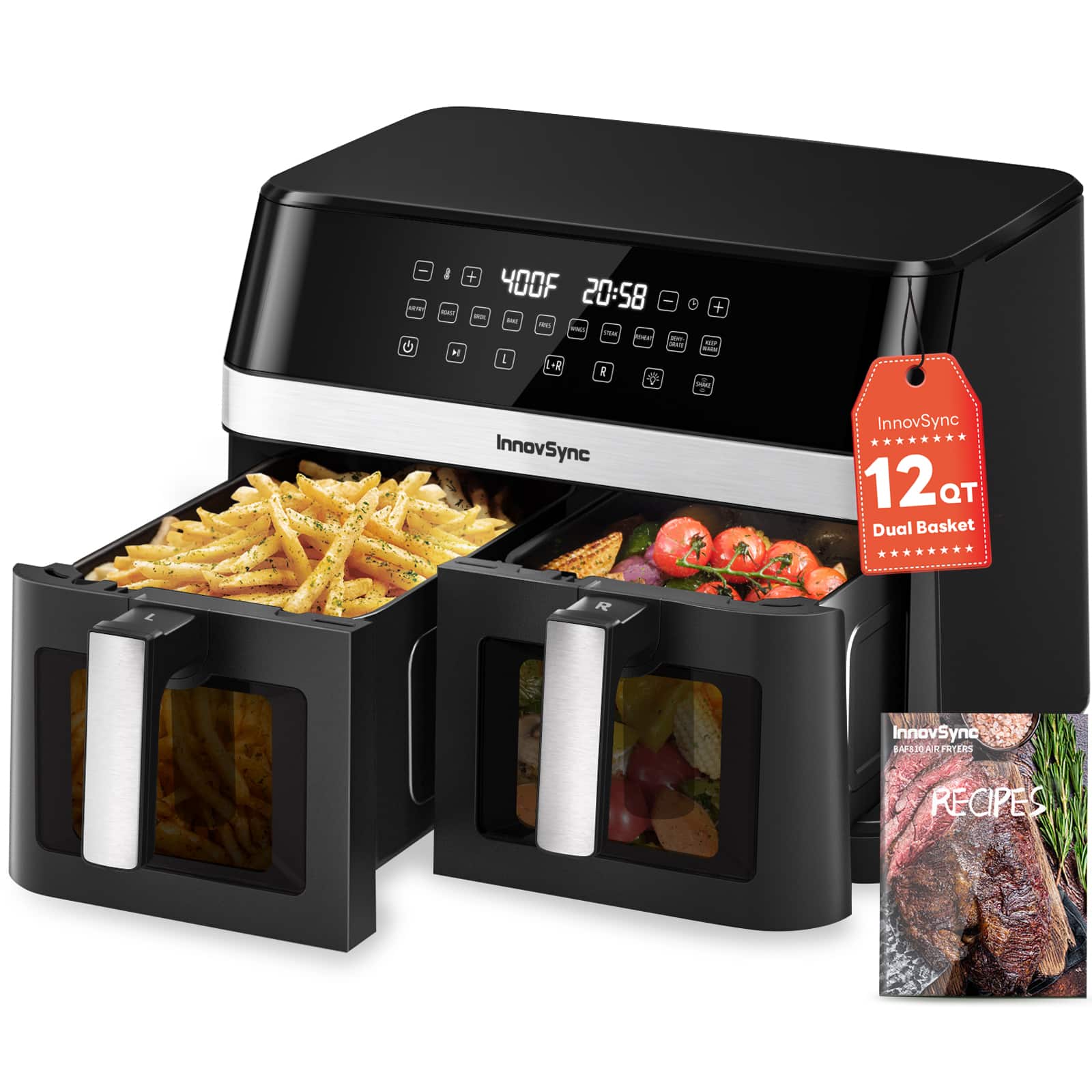 InnovSync - 12QT Large Dual Air Fryer, 10-in-1 Double Zone Airfryer with 2×6QT Baskets, 60° Easy-Panel with Full Touchscreen - Black