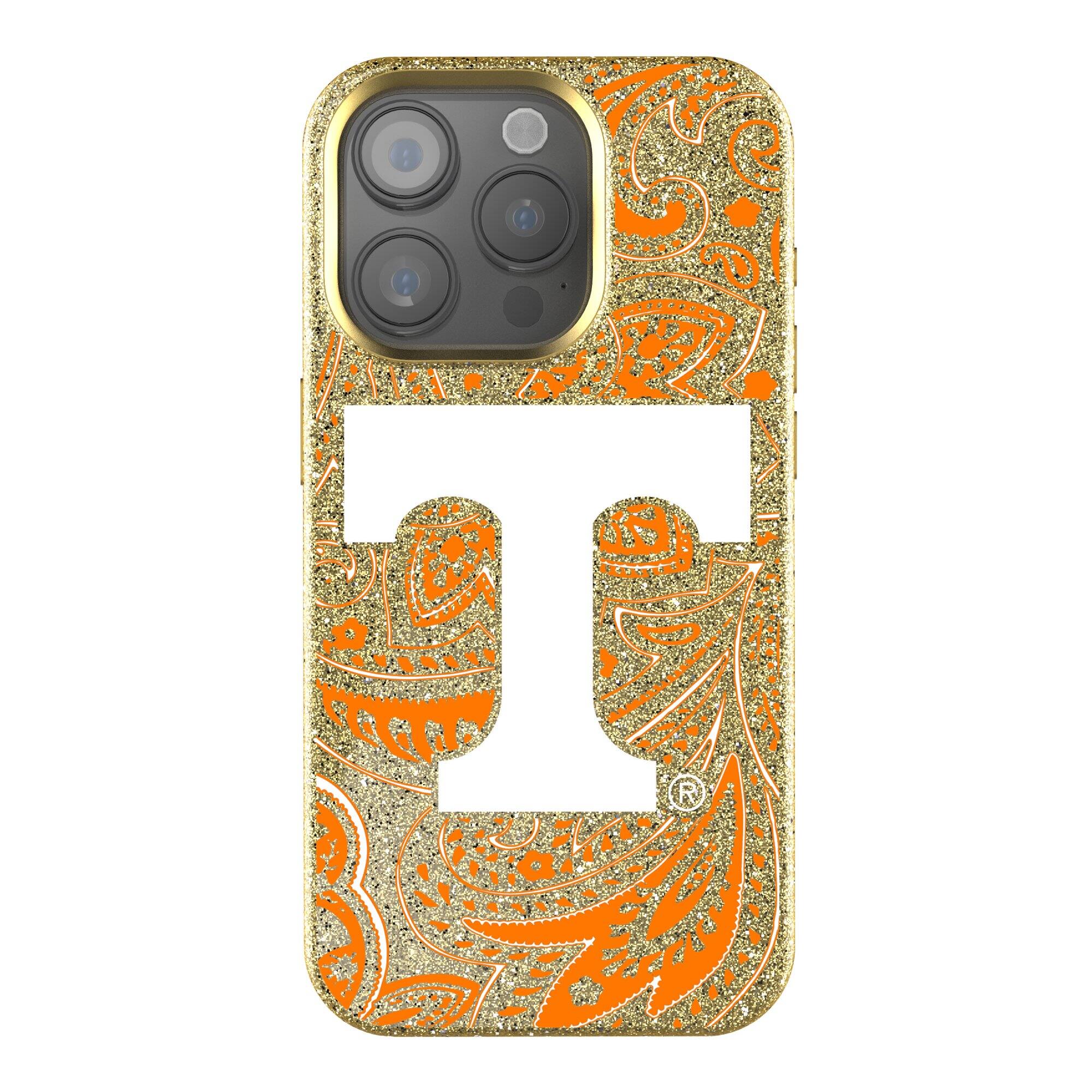 Front. Keyscaper - Tennessee Volunteers Paisley Bling iPhone Case - 15 Pro Max - Gold.