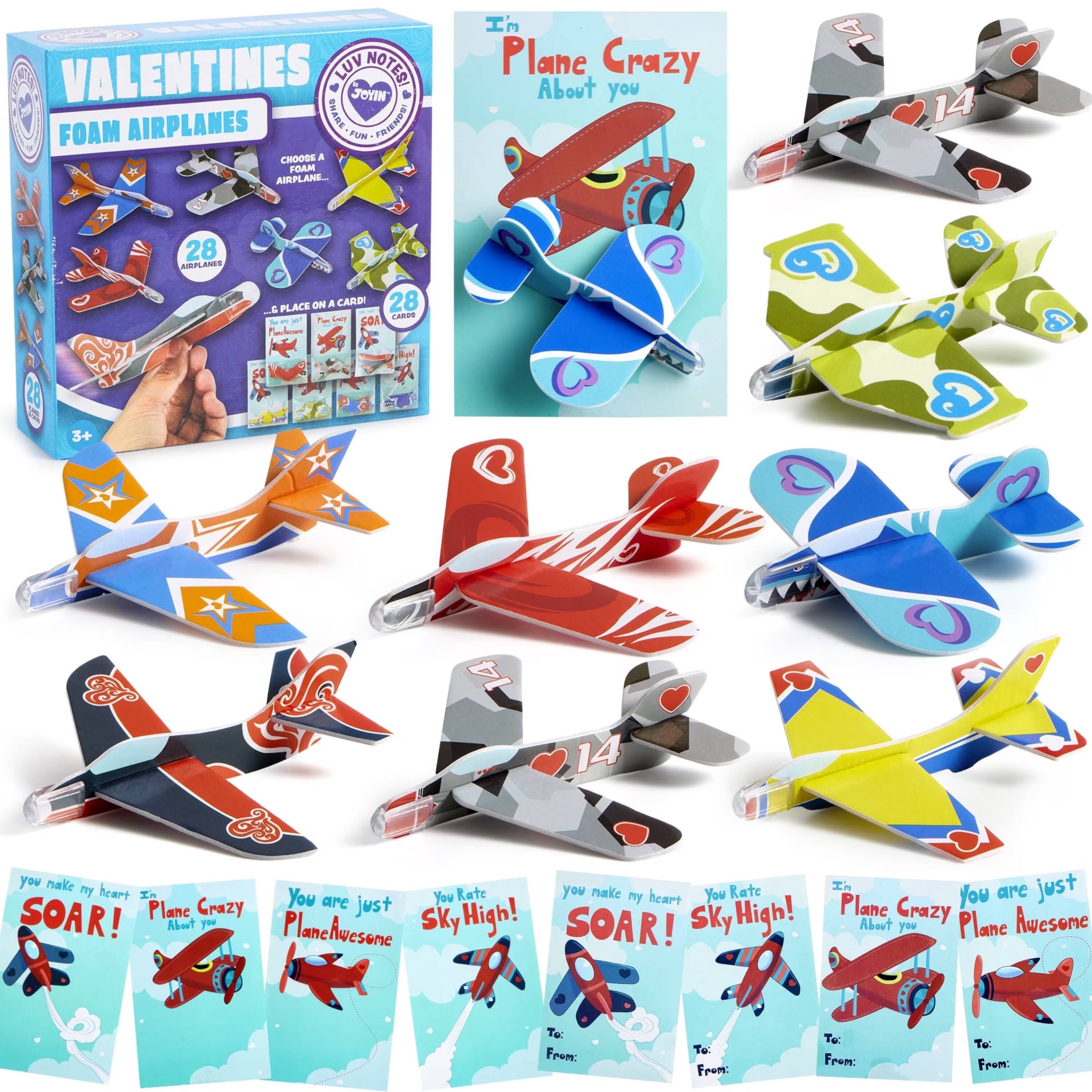 28 Packs Valentines Day Foam Airplanes With Cards for School Class Exchange Toys Gifts Kid's Gift - Blue