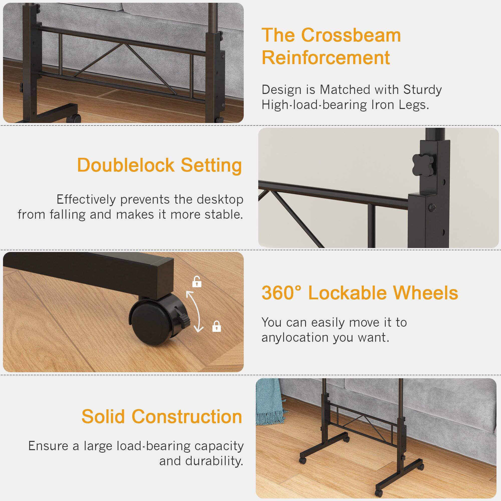 The Crossbeam Reinforcement Design is Matched with Sturdy High-load-bearing Iron Legs. Doublelock Setting Effectively prevents the desktop from falling and makes it more stable. 360° Lockable Wheels You can easily move it to any location you want. Solid Construction Ensures a large load-bearing capacity and durability.