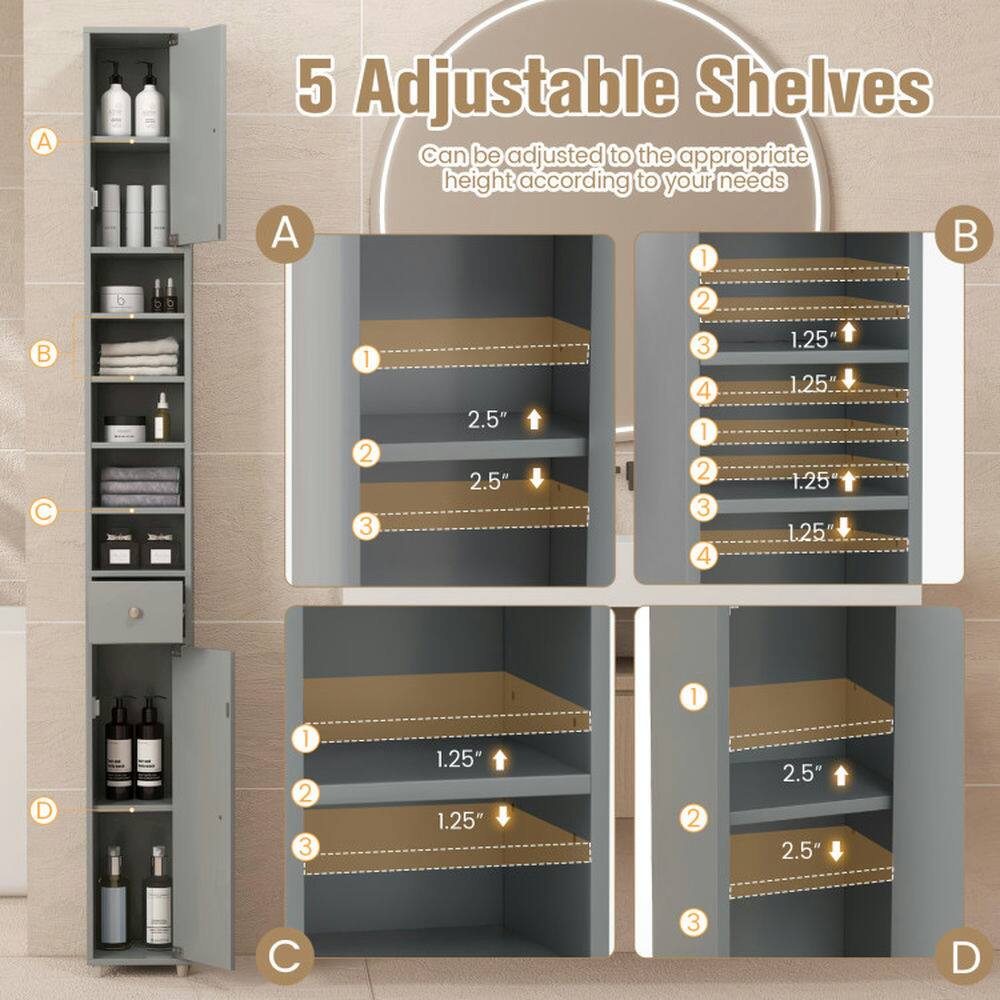 5 Adjustable Shelves can be adjusted to the appropriate height according to your needs.

A
1. 2.5"
2. 2.5"
3. 1.25"
4. 1.25"

B
1. 1.25"
2. 1.25"
3. 1.25"
4. 1.25"

C
1. 1.25"
2. 2.5"
3. 2.5"

D
1. 1.25"
2. 1.25"
3. 1.25"