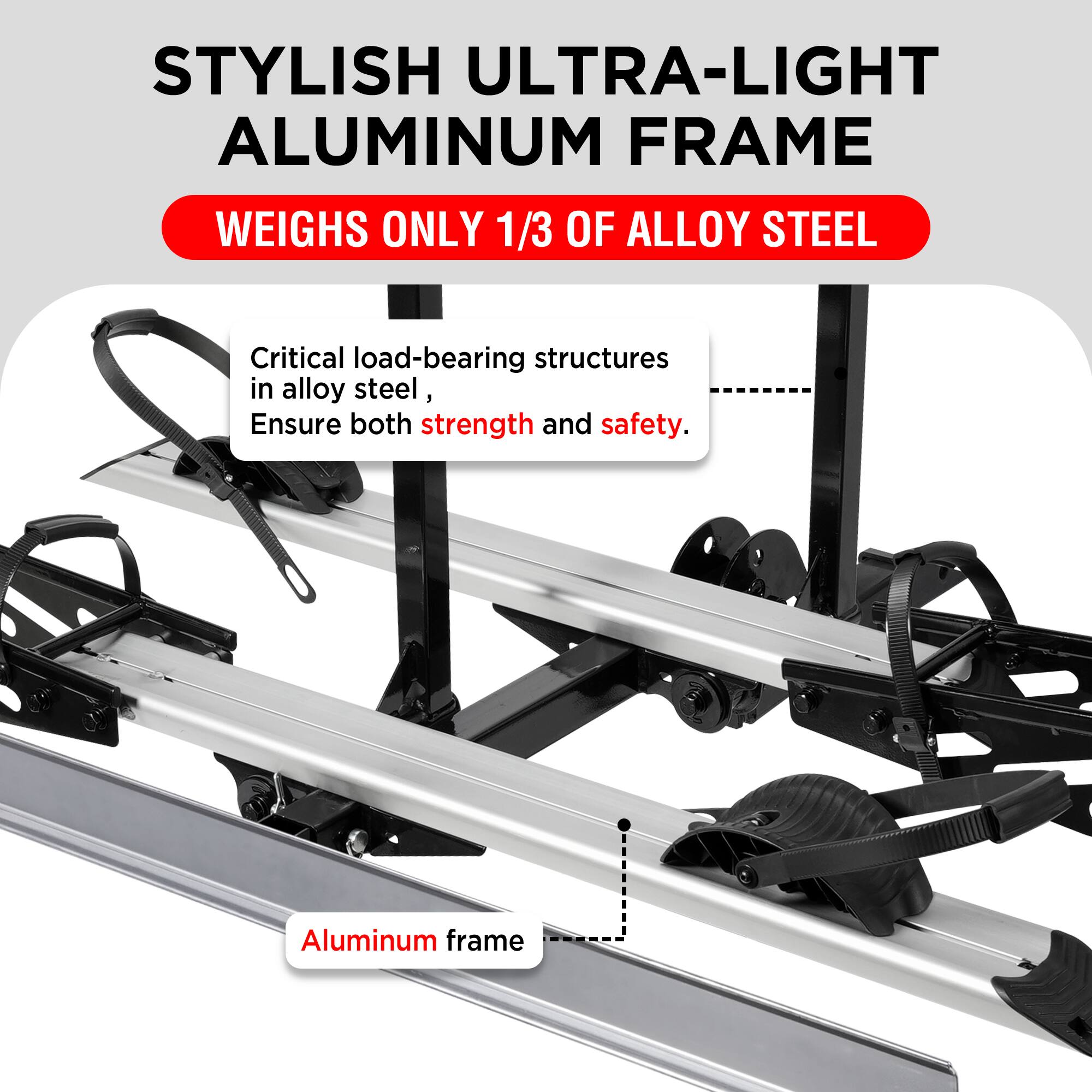 The text on the image is grouped and corrected as follows:

"Stylish Ultra-Light Aluminum Frame Weighs Only 1/3 of Alloy Steel: Critical load-bearing structures in alloy steel ensure both strength and safety. Aluminum frame."