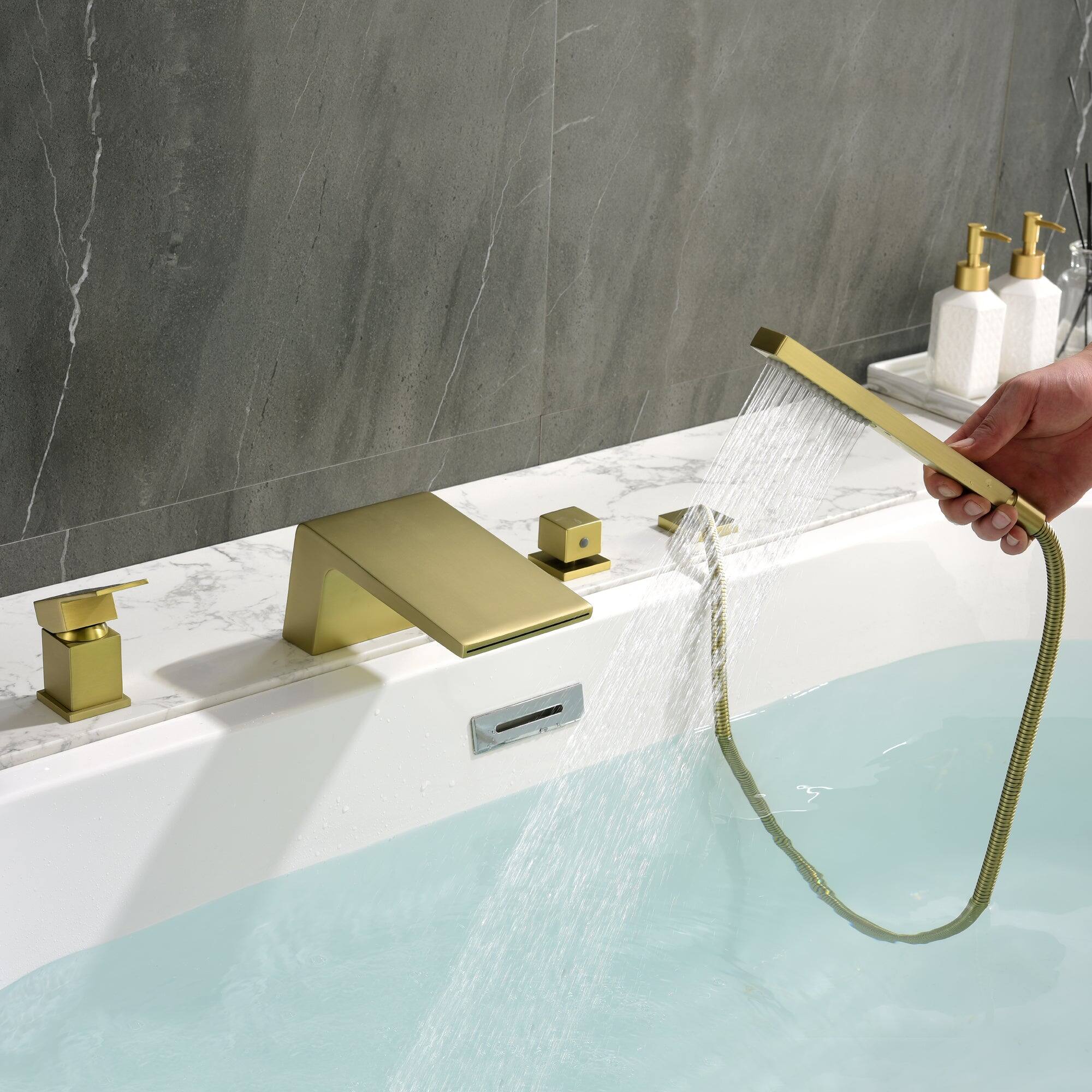 Alt View 9. Boyel Living - Single-Handle Tub Deck Mount Roman Tub Faucet with Hand Shower and Water Suply Hose in Brushed Gold - Brushed Gold.