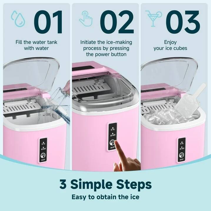01 Fill the water tank with water
02 Initiate the ice-making process by pressing the power button
03 Enjoy your ice cubes
3 Simple Steps
Easy to obtain the ice