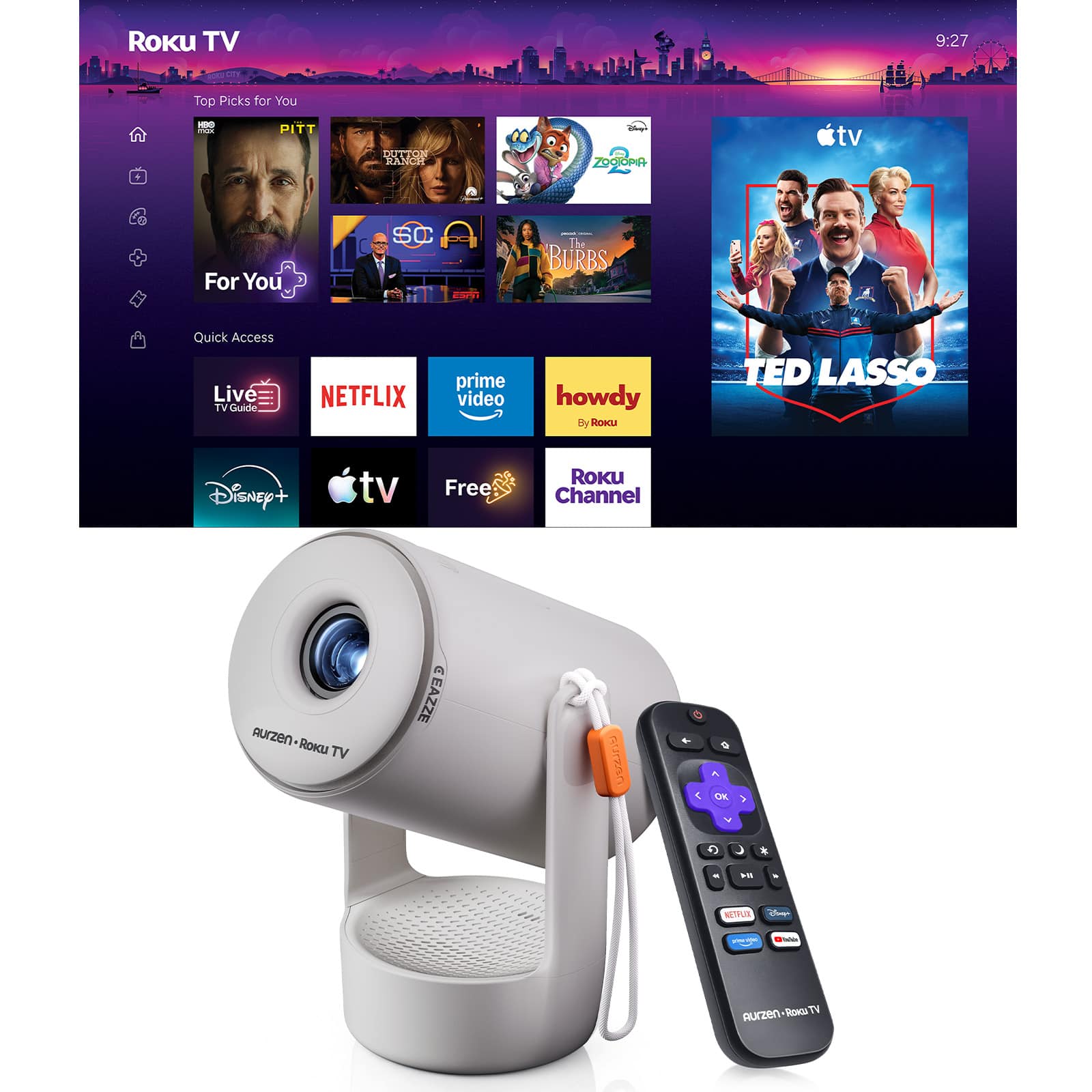 Aurzen - Roku TV Portable Mini Projector with Upgraded Sound Base, 180° Rotation, Auto Vertical Keystone, Zoom for Home/Outdoor - Gray