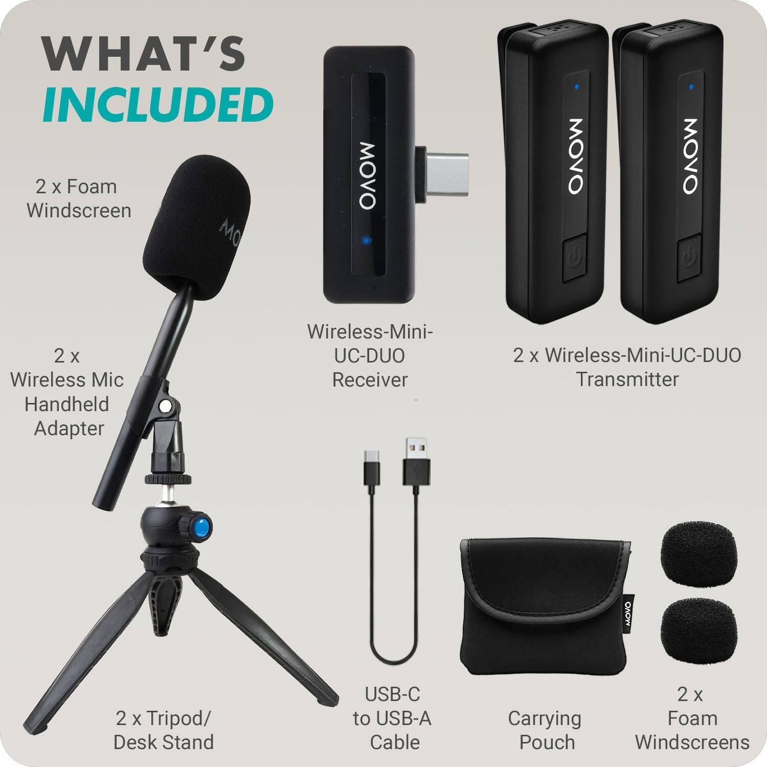 WHAT'S INCLUDED

- 2 x Foam Windscreen
- 2 x Wireless Mic Handheld Adapter
- Wireless-Mini-UC-DUO Receiver
- 2 x Wireless-Mini-UC-DUO Transmitter
- 2 x Tripod/Desk Stand
- USB-C to USB-A Cable
- Carrying Pouch
- 2 x Foam Windscreens
