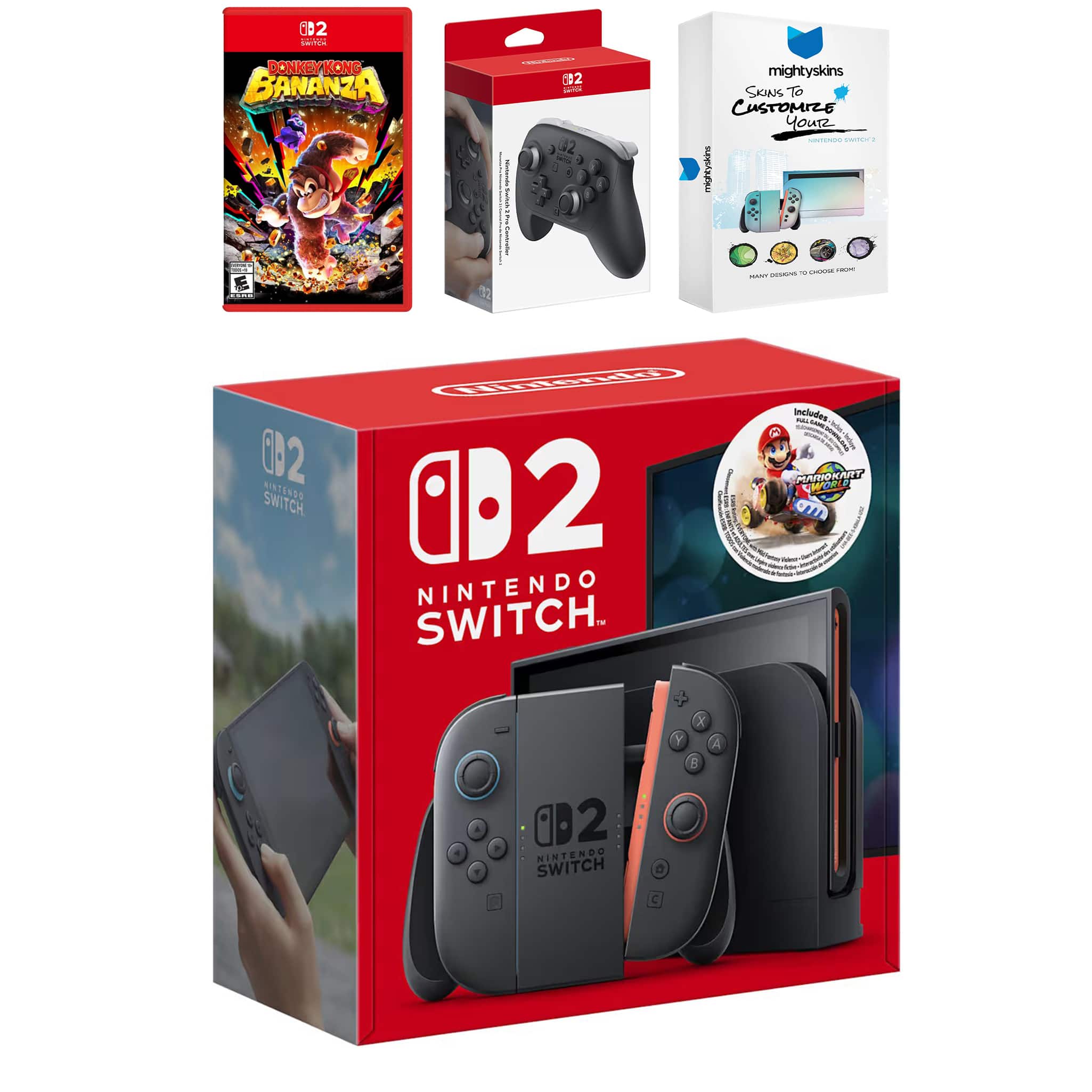 Switch 2 + Mario Kart World Bundle with Donkey Kong Bonanza, Pro Controller and MightySkins Code Bundle - Nintendo Switch 2