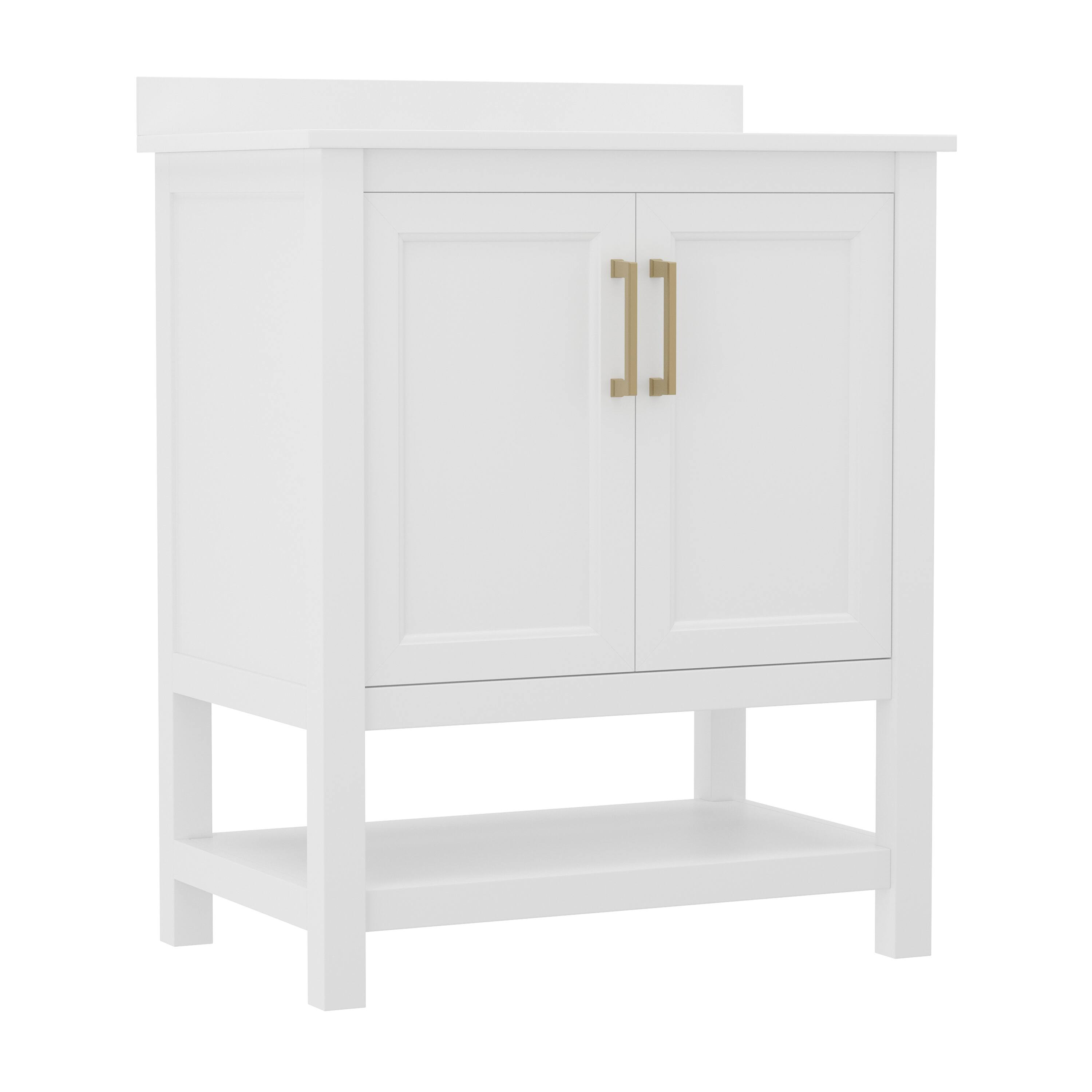 Alt View 1. Emma + Oliver - Vesta Bathroom Vanity, Single Sink Cabinet with 2 Soft Close Doors and Open Shelf, Carrara Marble Finish Countertop - White Frame/Gold Hardware.