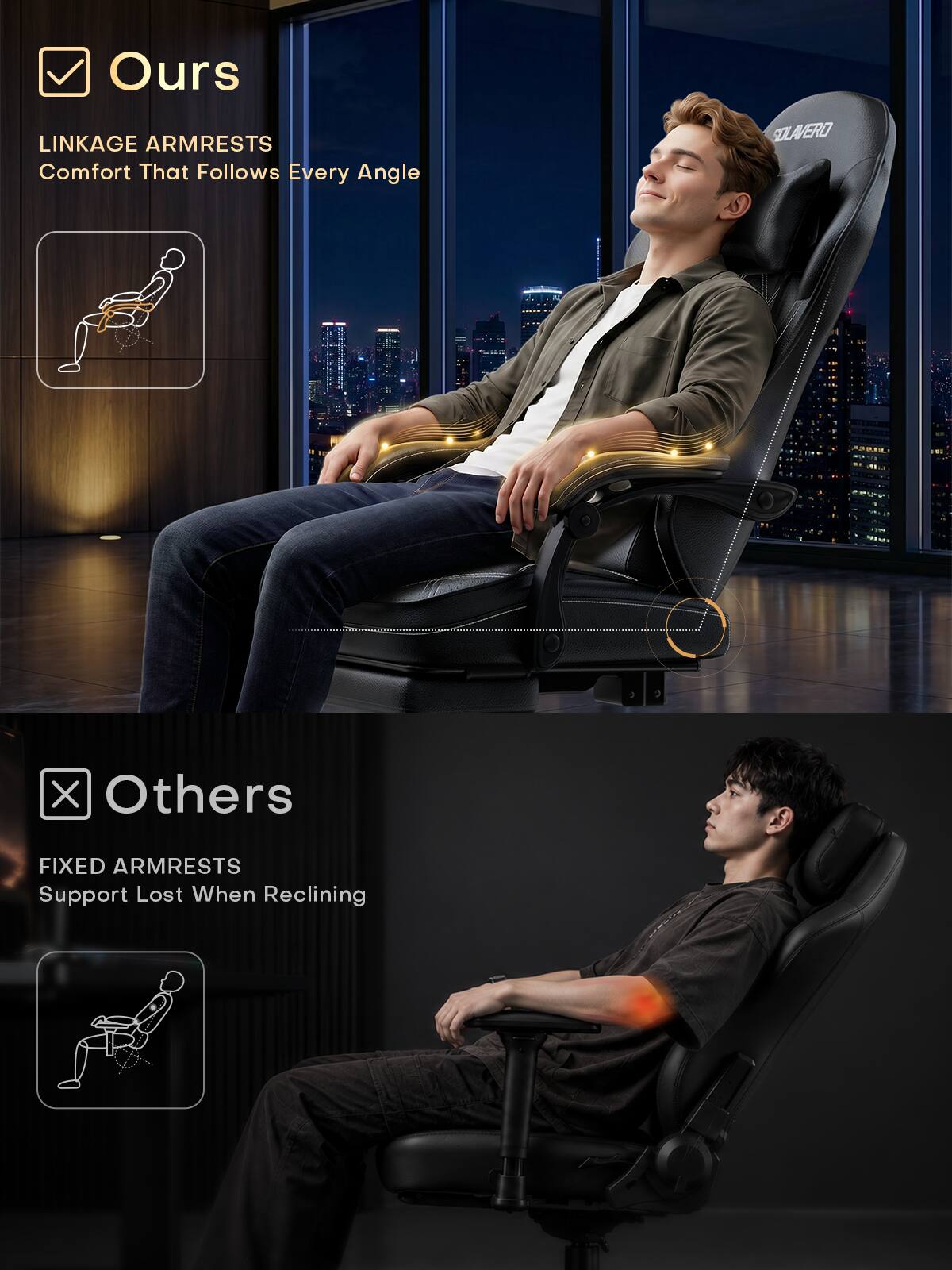 Ours  
LINKAGE ARMRESTS  
Comfort That Follows Every Angle  

Others  
FIXED ARMRESTS  
Support Lost When Reclining