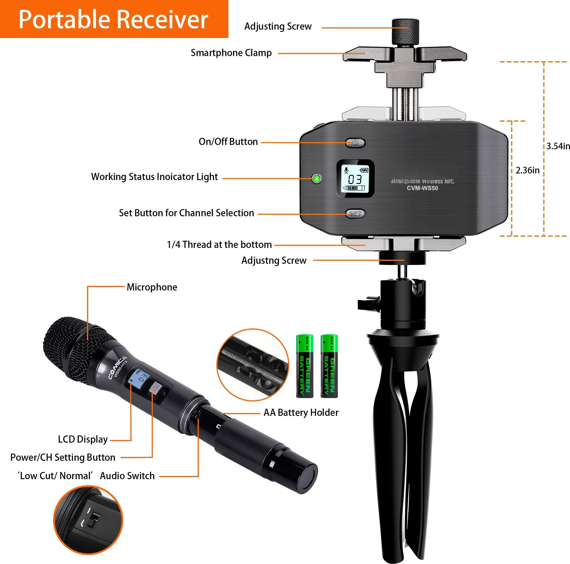 - Portable Receiver
- Adjusting Screw
- Smartphone Clamp
- On/Off Button
- Working Status Indicator Light
- Set Button for Channel Selection
- 1/4 Thread at the bottom
- Adjusting Screw
- Microphone
- LCD Display
- Power/CH Setting Button
- 'Low Cut/Normal' Audio Switch
- AA Battery Holder
- Battery Green
- Battery Green
- 3.54in
- 2.36in
