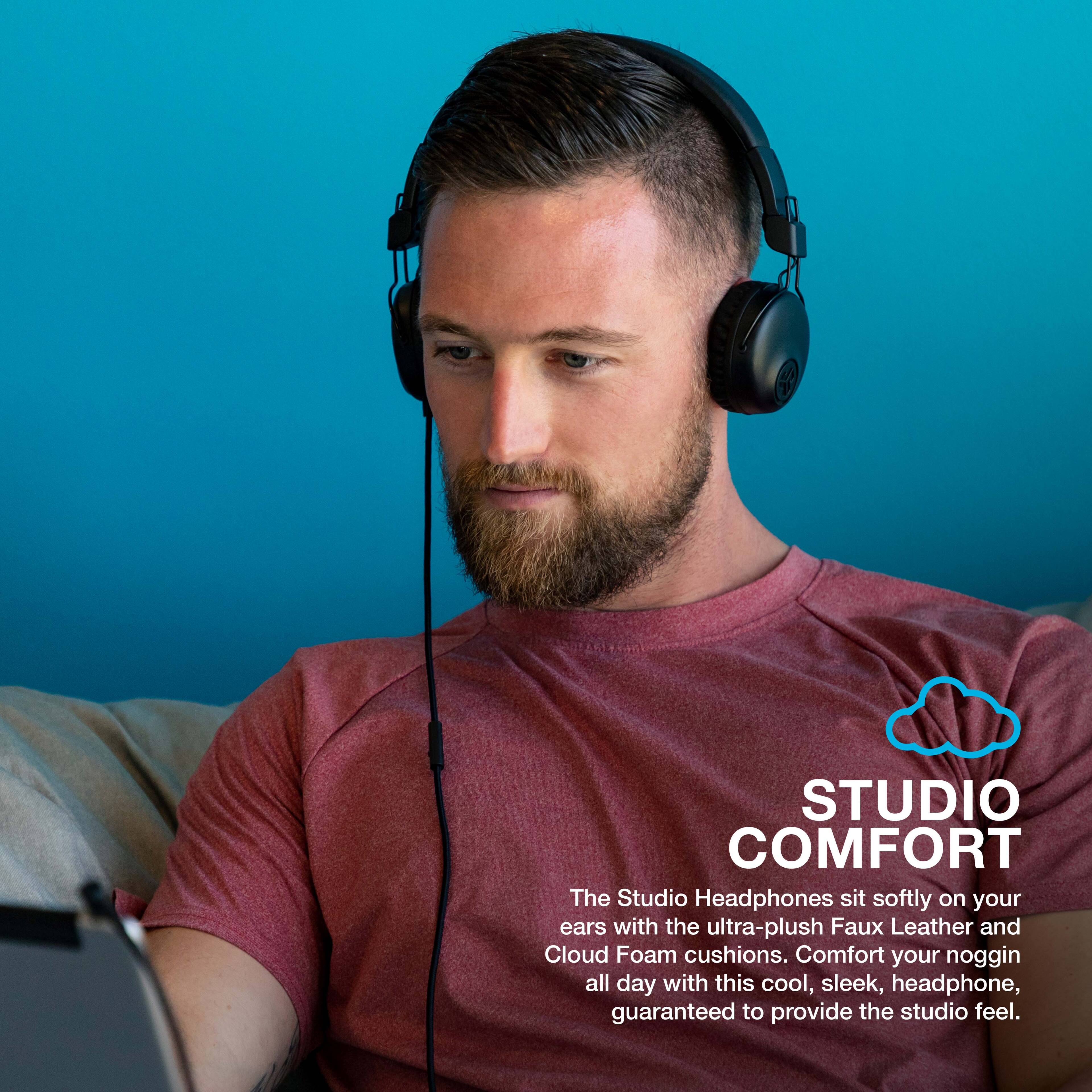 Studio Comfort: The Studio Headphones sit softly on your ears with the ultra-plush Faux Leather and Cloud Foam cushions. Comfort your noggin all day with this cool, sleek headphone, guaranteed to provide the studio feel.