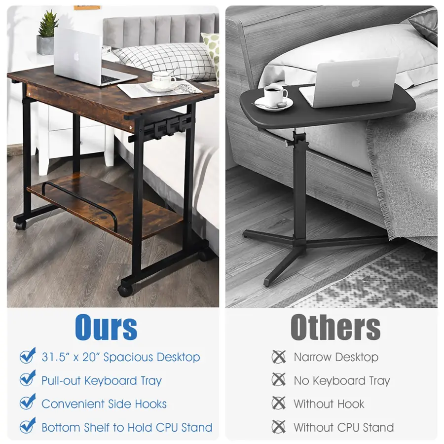 Ours: 31.5" X 20" Spacious Desktop
Others: Narrow Desktop
Pull-out Keyboard Tray: Yes
No Keyboard Tray: Yes
Convenient Side Hooks: Yes
Without Hook: No
Bottom Shelf to Hold CPU: Yes
Without CPU Stand: No