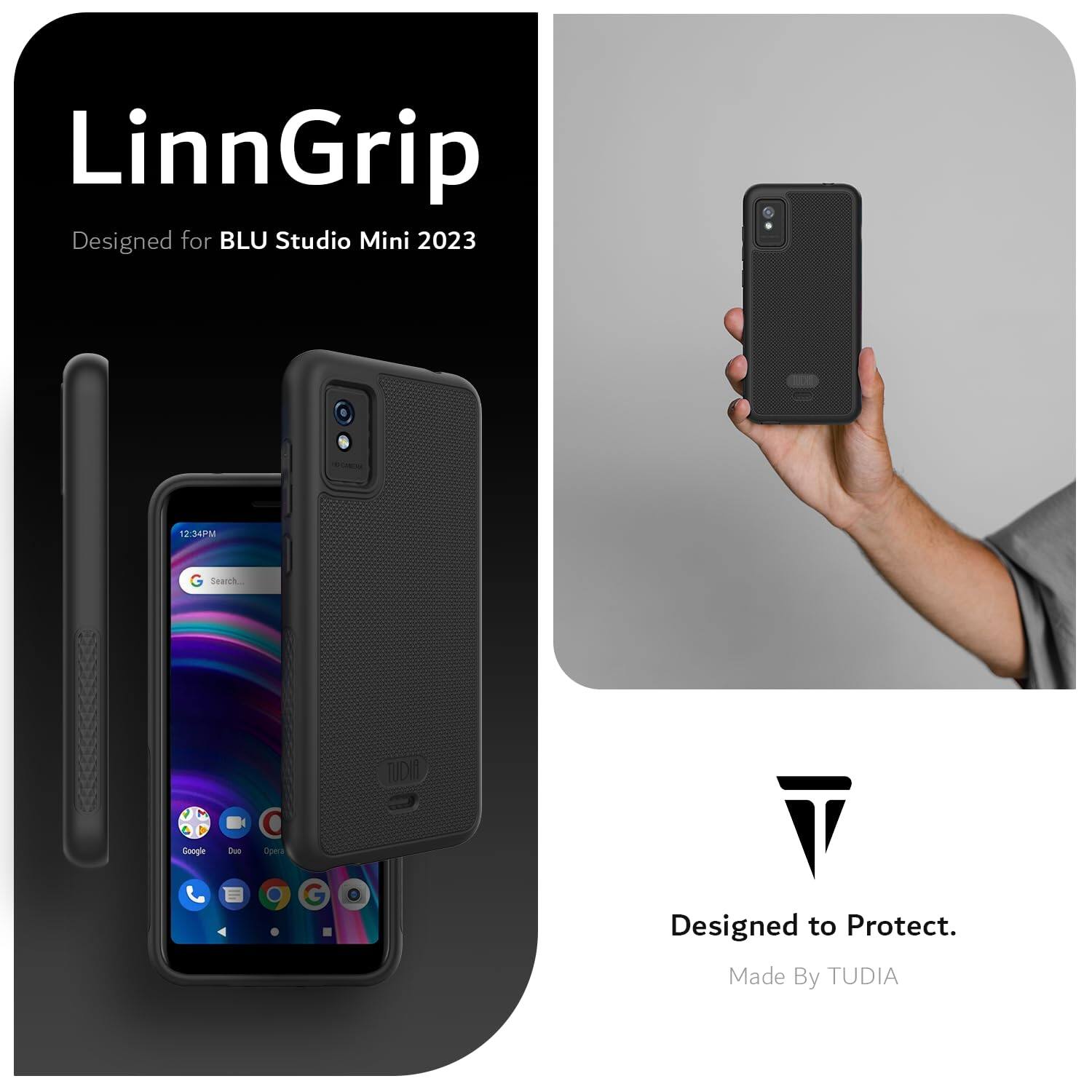 LinnGrip  
Designed for BLU Studio Mini 2023  

12:34 PM  
Search TUDI Google  

Due Cow  
Designed to Protect.  
Made By TUDIA