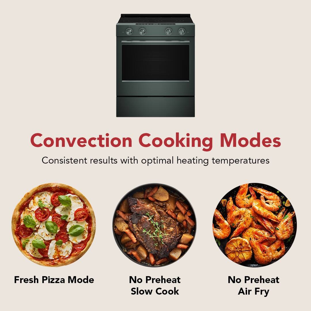 Convection Cooking Modes  
Consistent results with optimal heating temperatures  

Fresh Pizza Mode  
No Preheat Slow Cook  
No Preheat Air Fry