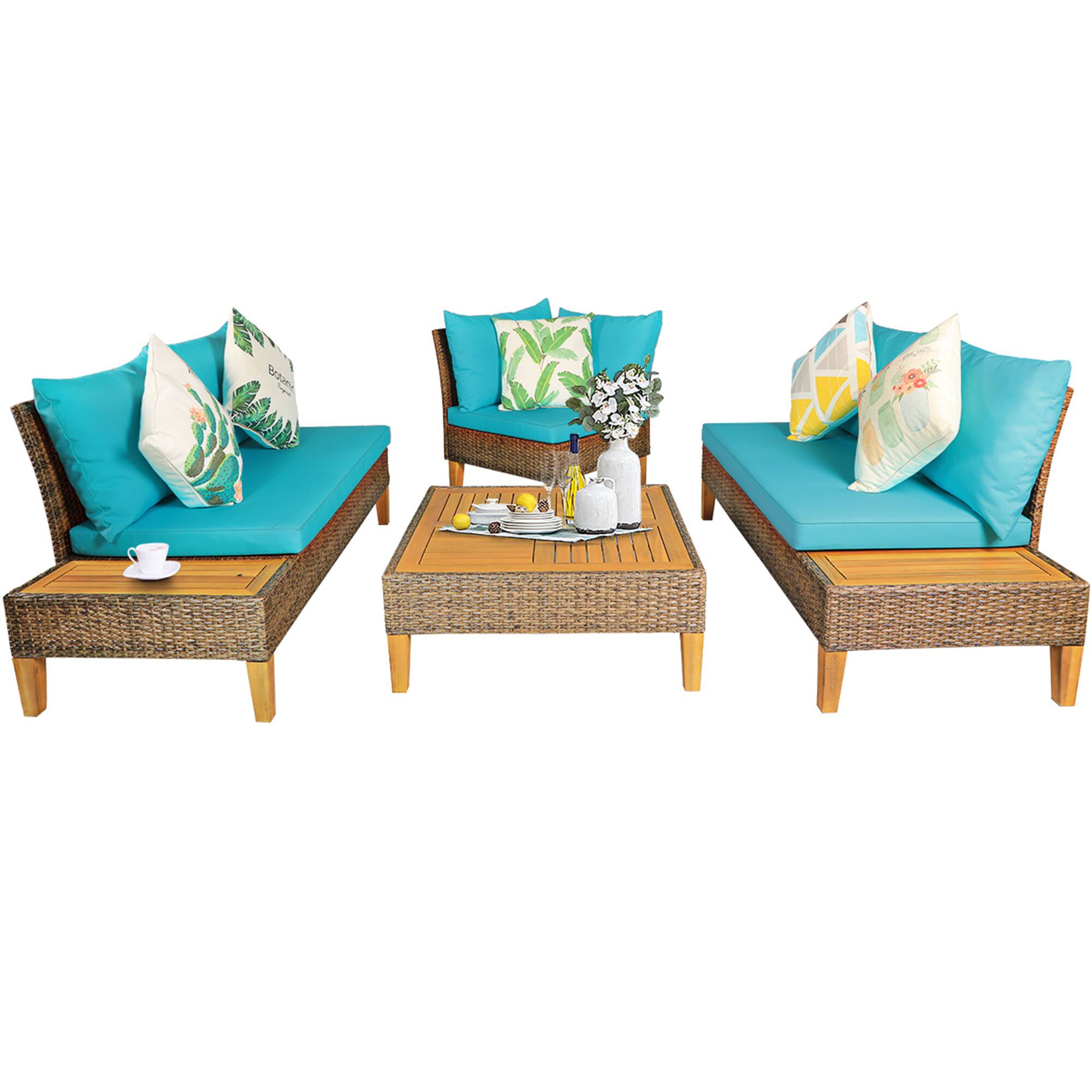 Alt View 3. Gymax - Gymax 4PCS Rattan Patio Sofa Set Outdoor Furniture Set w/ Turquoise Cushions - as pic.