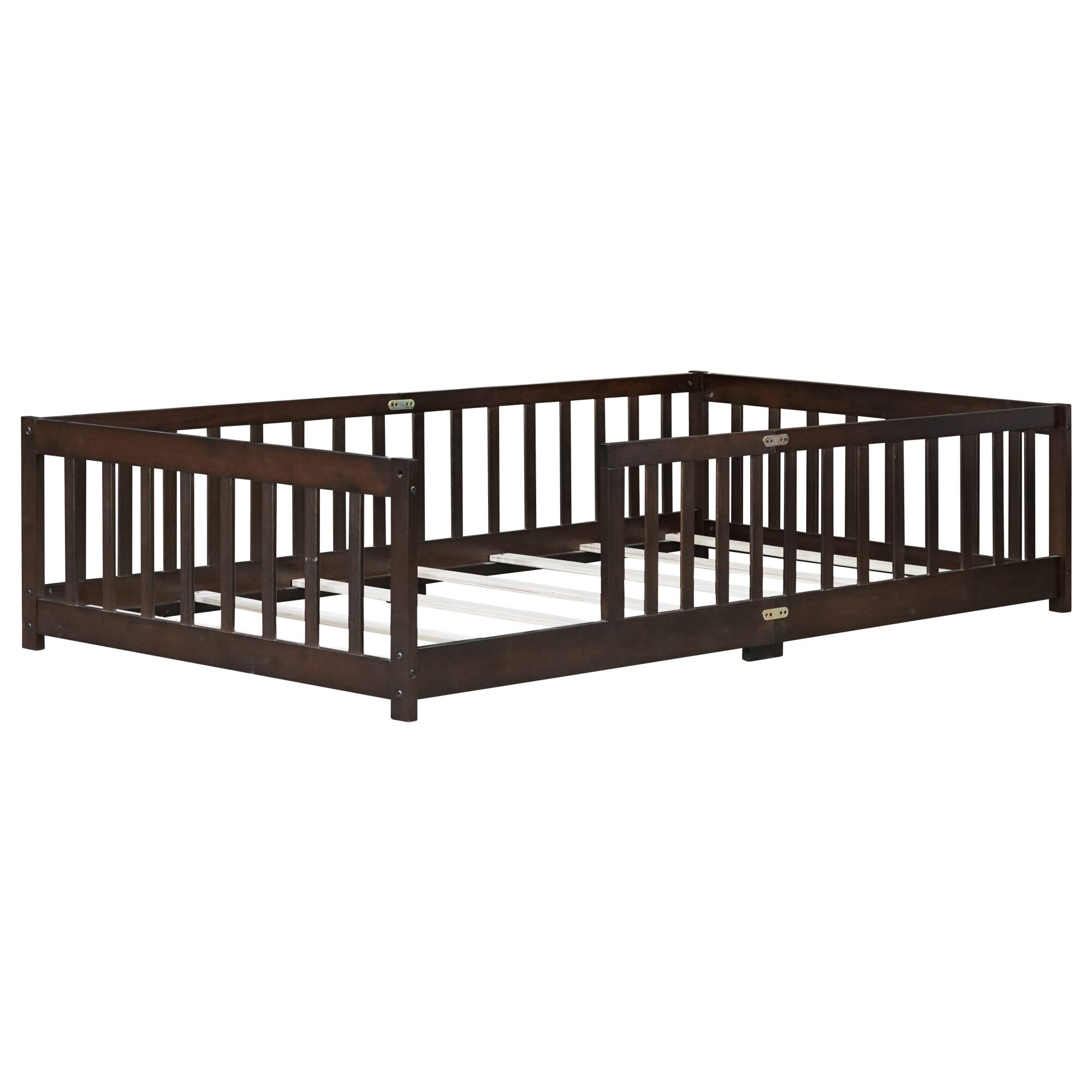 Alt View 10. GOODSILO - Twin Size Floor Bed with Safety Fence for Kids, Sturdy Rubber Wood Construction, Easy Assembly - Espresso.