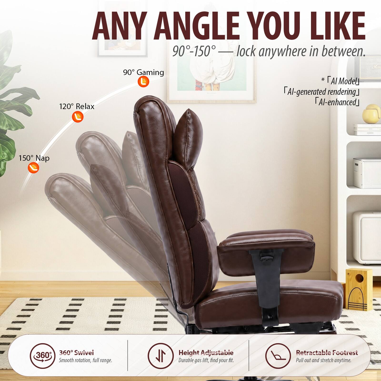 ANY ANGLE YOU LIKE  
90°-150° — lock anywhere in between.  
90° Gaming  
120° Relax  
150° Nap  
360° Swivel  
Smooth rotation, full range.  
Height Adjustable  
Durable gas lift, find your fit.  
Retractable Footrest  
Pull out and stretch anytime.  

* [AI Model]  
* [AI-generated rendering]  
* [AI-enhanced]