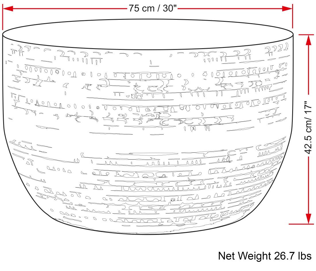 The text on the image reads: "75 cm / 30" To o T 17" cm/ 42.5 4 re  O Net Weight 26.7 lbs."

To group and correct the text, we can rephrase it as follows:

"The bowl measures 75 cm (30") in diameter and has a net weight of 26.7 lbs."