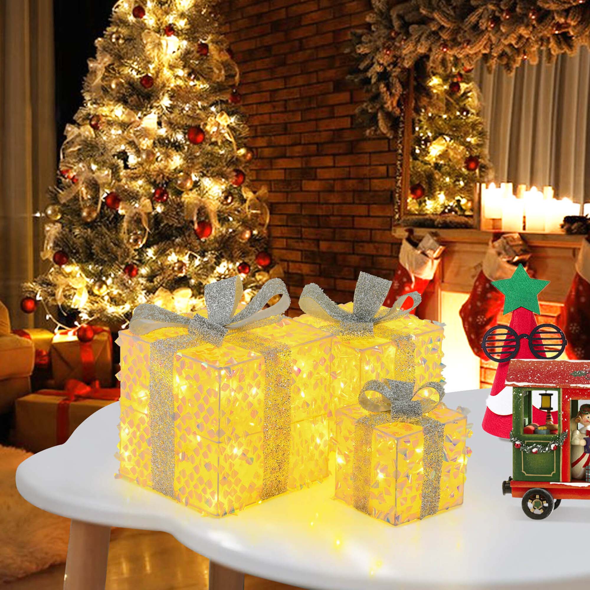 Alt View 4. Costway - Costway 3PCS Christmas Lighted Gift Boxes with 90 LED Lights Zip Ties Ground Stakes - White.