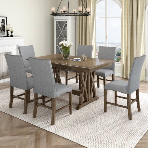 Alt View 3. LUCKY ONE - 7-Piece Mid-Century Set with 12" Leaf, 60" Extendable Dining Table and 6 Chairs - Gray.