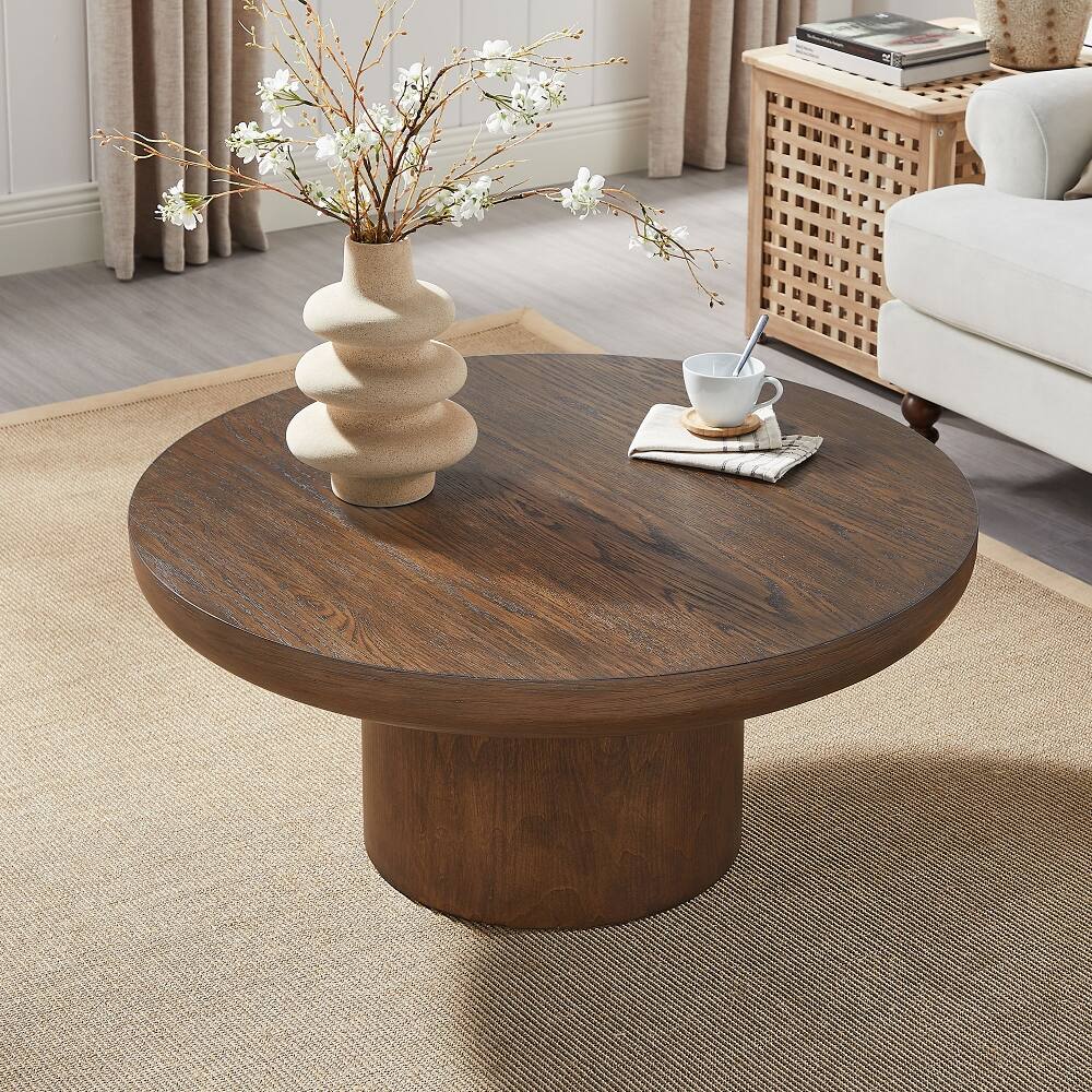 Alt View 1. Loheer - 36 Inch Round Coffee Table Wood Veneer Farmhouse Sofa Side Table with Cylindrical Legs for Living Room - Dark Brown.