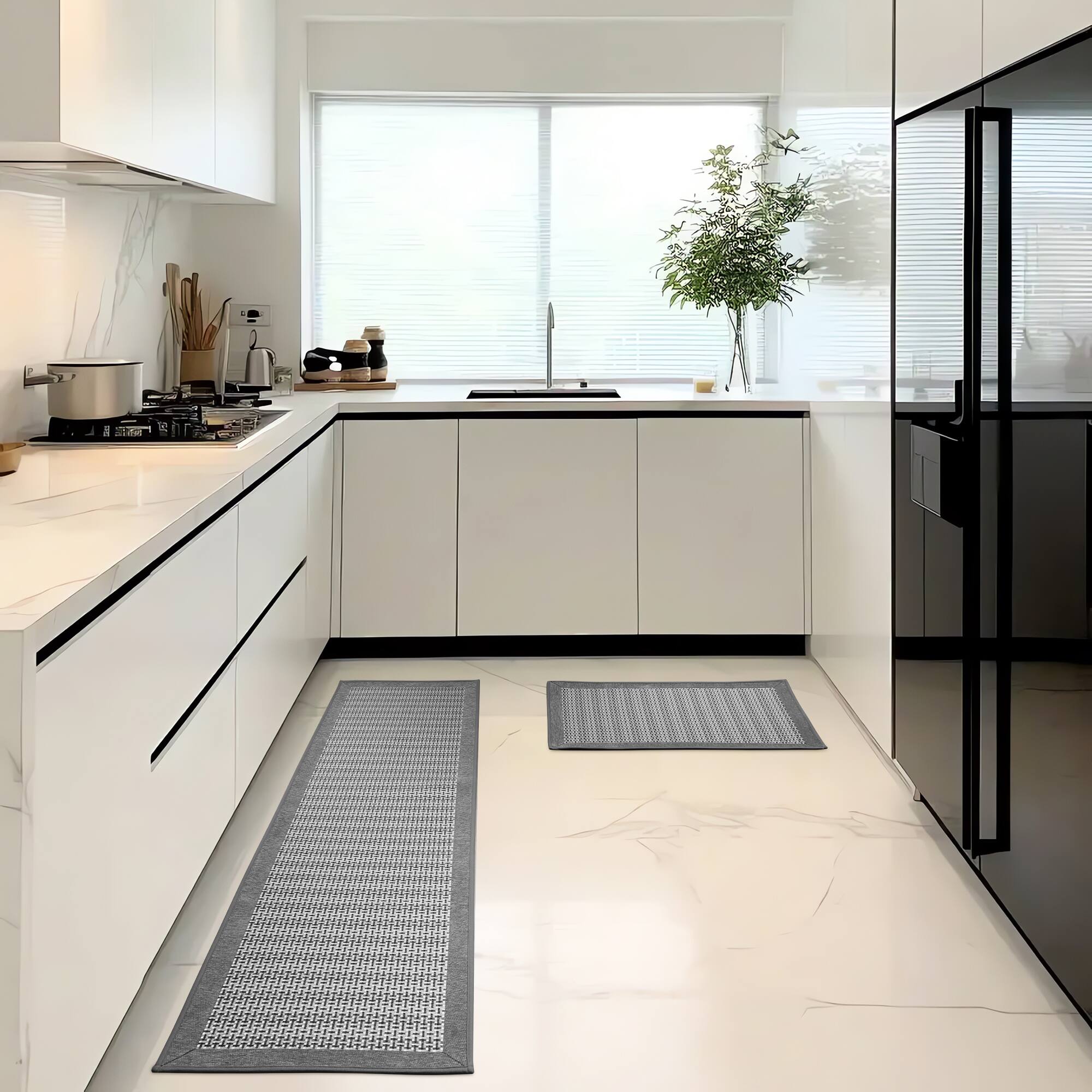 Angle. Dazzed Corner - Non Slip Kitchen Rugs Sets Of 2 - Extra Large 20"X71" + 20"X32" Runner Rugs For Kitchen Floor Non Skid Washable - Grey.