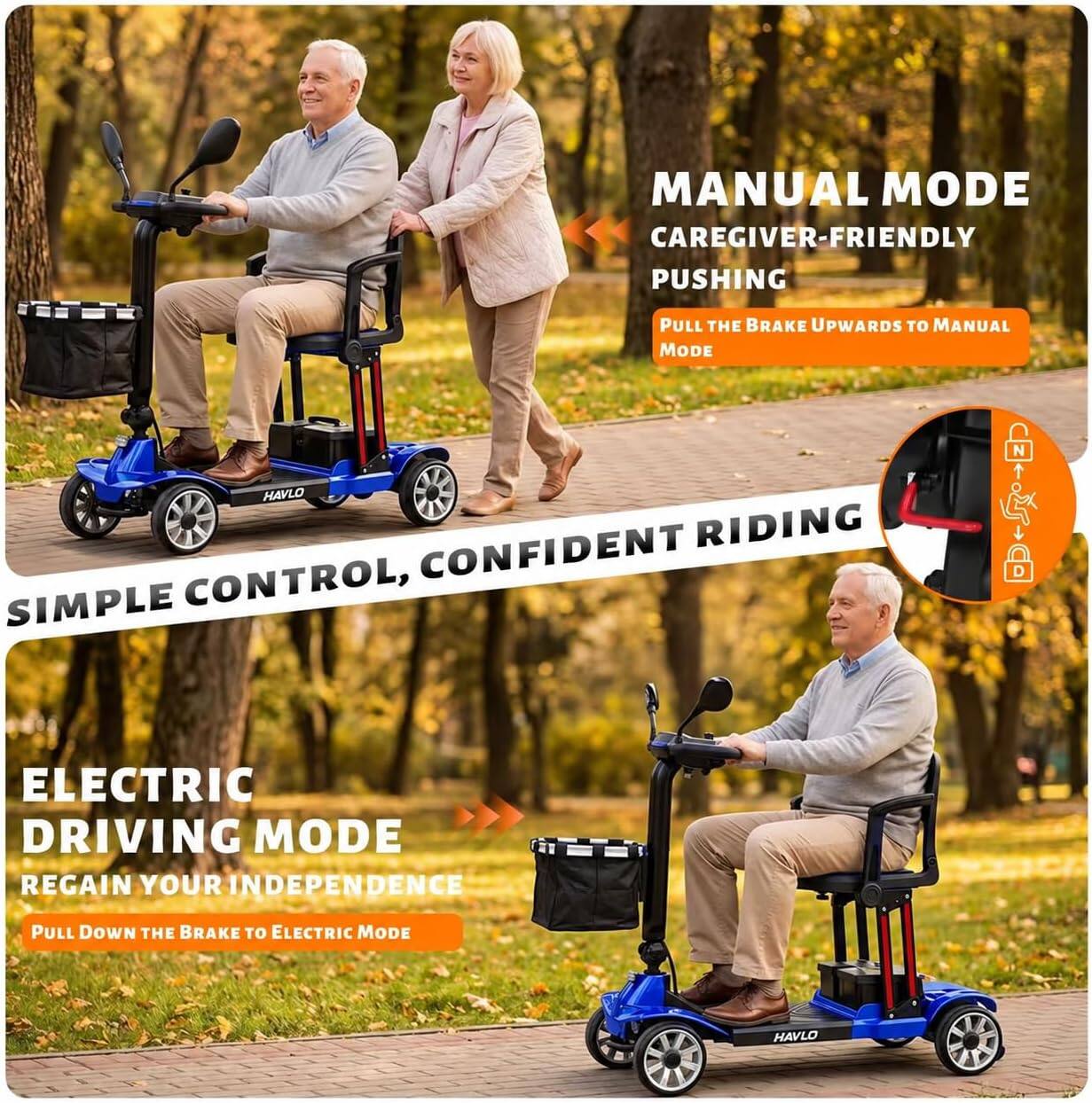MANUAL MODE  
CAREGIVER-FRIENDLY PUSHING  
PULL THE BRAKE UPWARDS TO MANUAL MODE  

SIMPLE CONTROL, CONFIDENT RIDING  

ELECTRIC DRIVING MODE  
REGAIN YOUR INDEPENDENCE  
PULL DOWN THE BRAKE TO ELECTRIC MODE