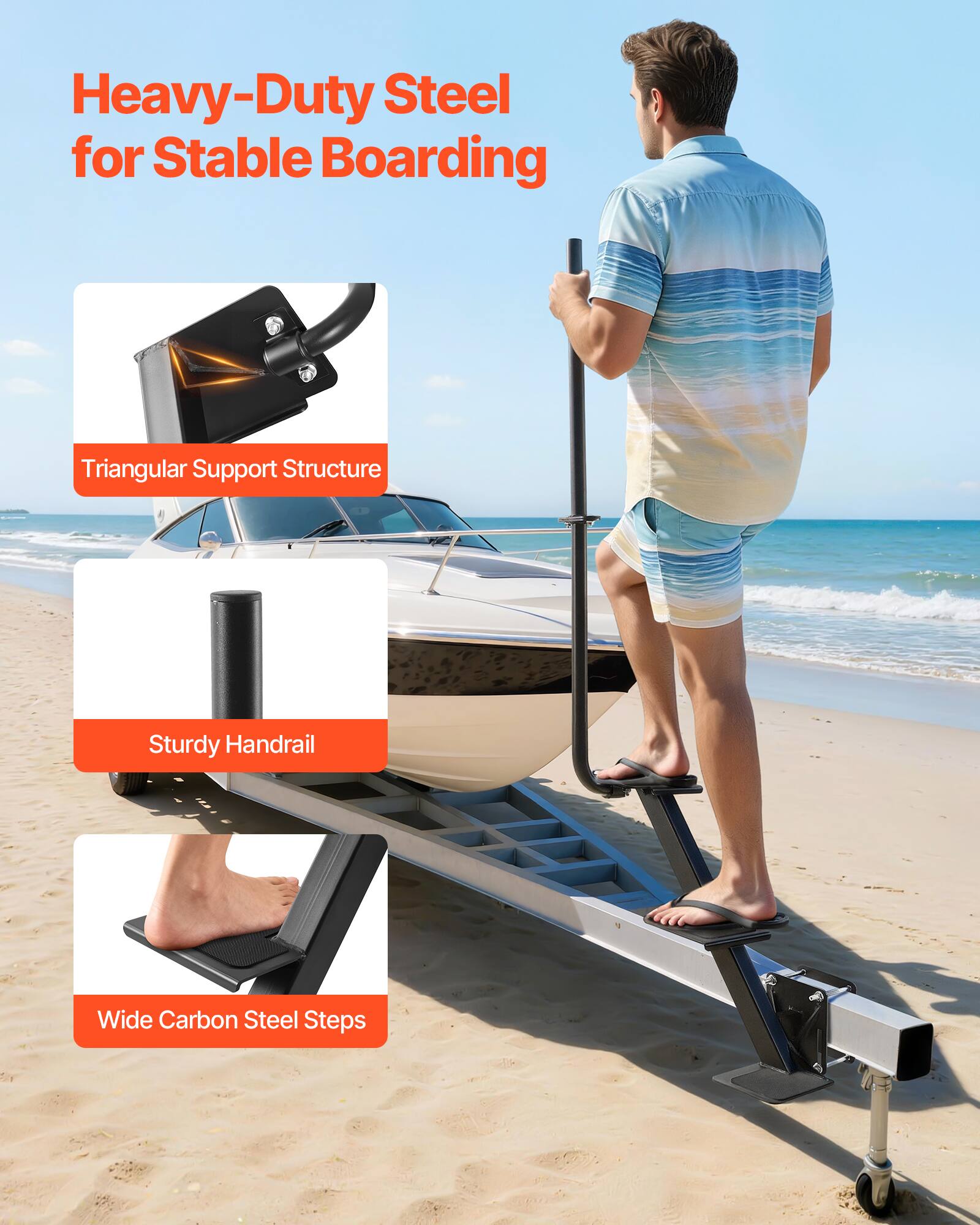 Heavy-Duty Steel for Stable Boarding  
Triangular Support Structure  
Sturdy Handrail  
Wide Carbon Steel Steps