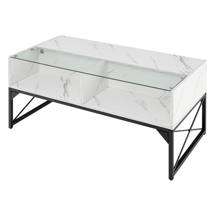 SlickBlue - Center Table with Faux Marble Finish and Tempered Glass Top - White
