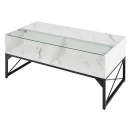 SlickBlue - Center Table with Faux Marble Finish and Tempered Glass Top - White