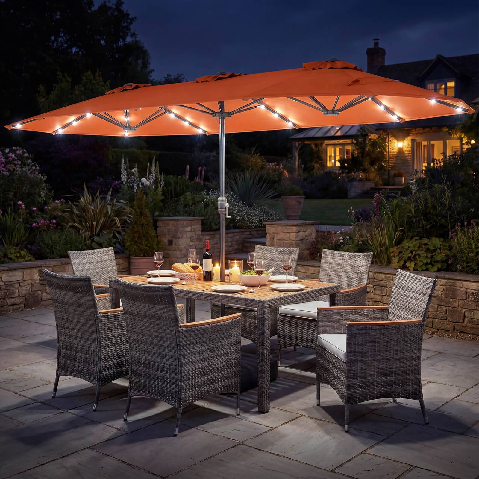 Alt View 1. Costway - Costway 8 PCS Outdoor Wicker Dining Furniture & Double-Sided Umbrella with Solar LED Lights - Orange + Mix Gray.