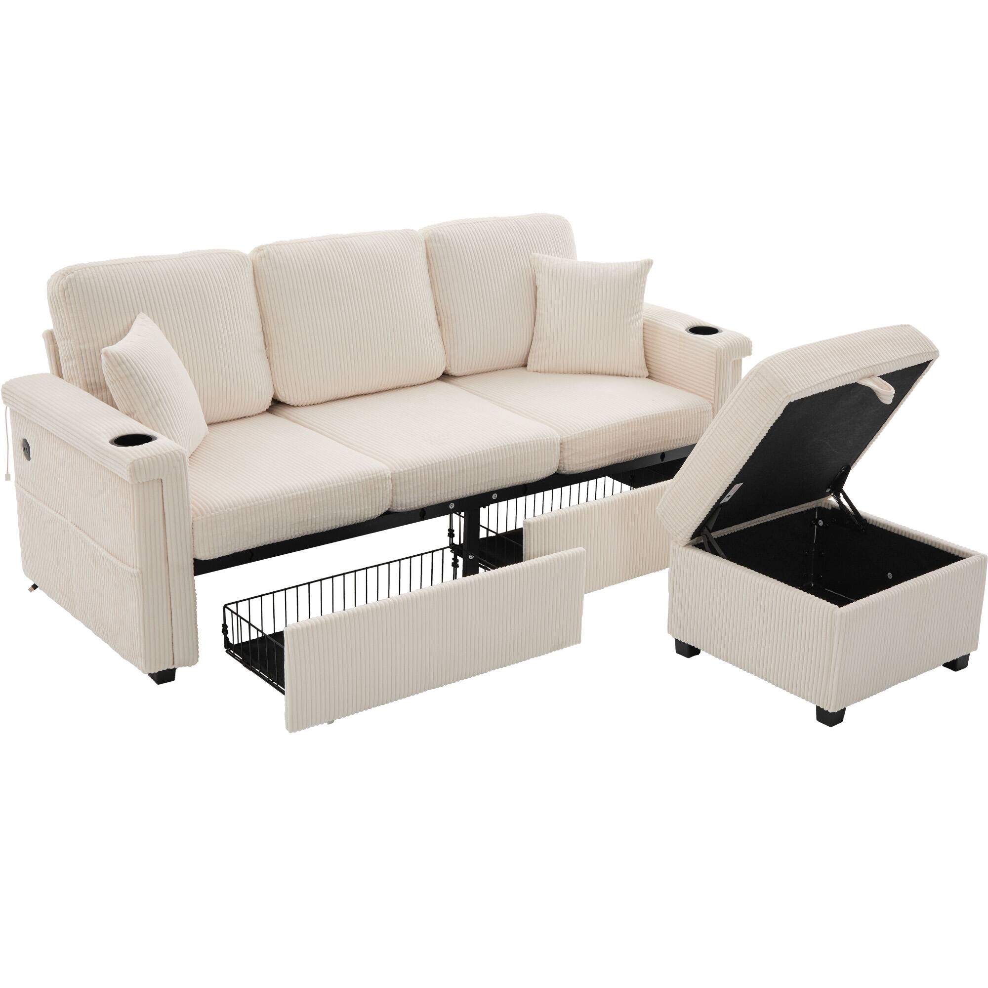 Alt View 2. Trinkets Crazed - 76" L Shaped Sectional Couches with Storage Ottoman, 3 Seater Corduroy Sofa with 2 Drawers - Beige.