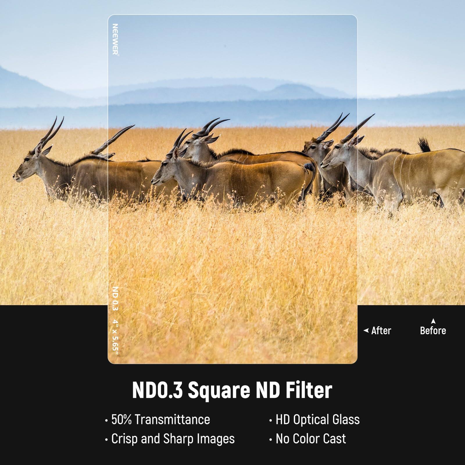 NEEWER ND 0.3 4" x 5.65" Square ND Filter

- 50% Transmittance
- Crisp and Sharp Images
- HD Optical Glass
- No Color Cast

After Before