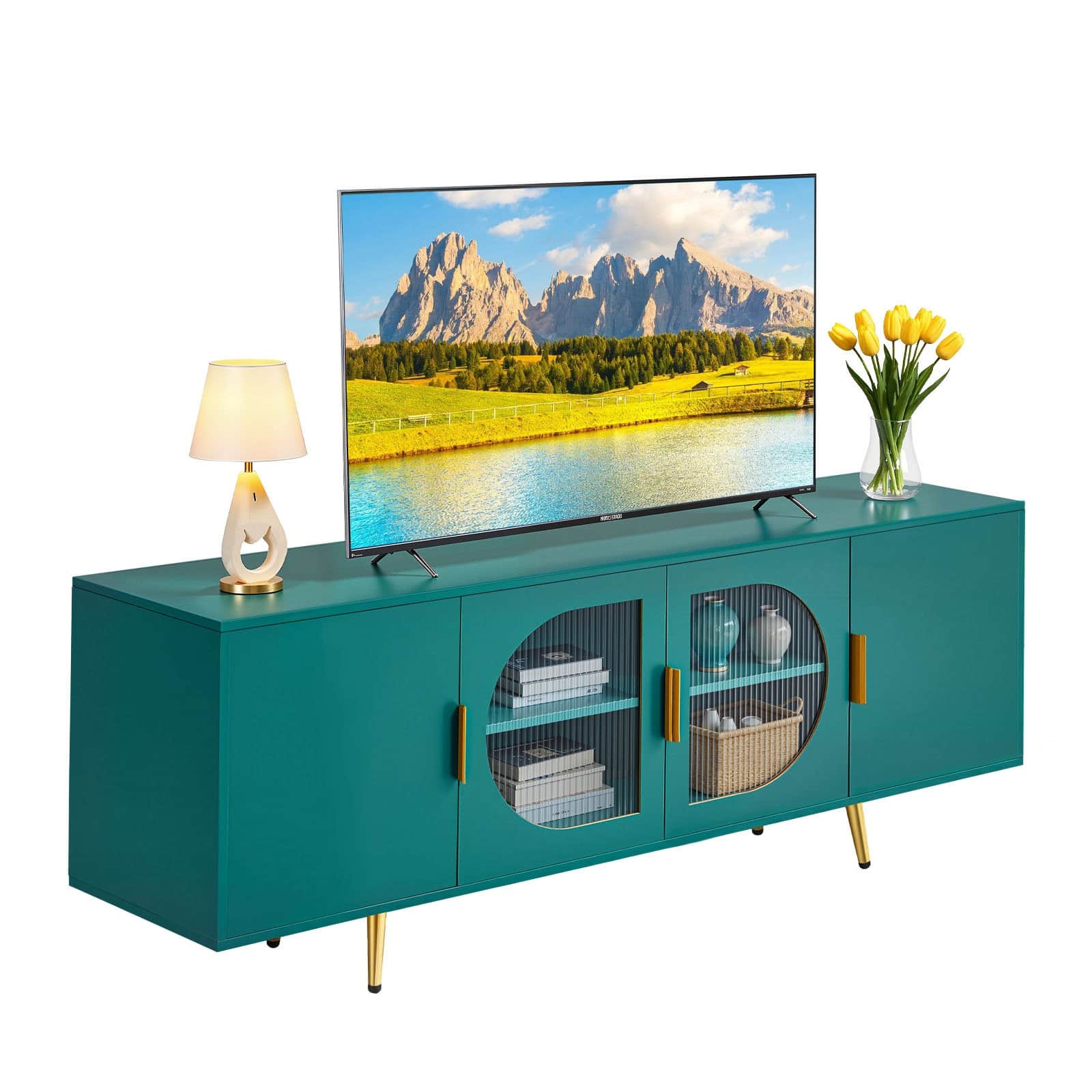 Glintex - TV Cabinet, Modern Entertainment Console for Up to 75" TVs, Glass Doors, Adjustable Shelves, Media Storage Unit - Green