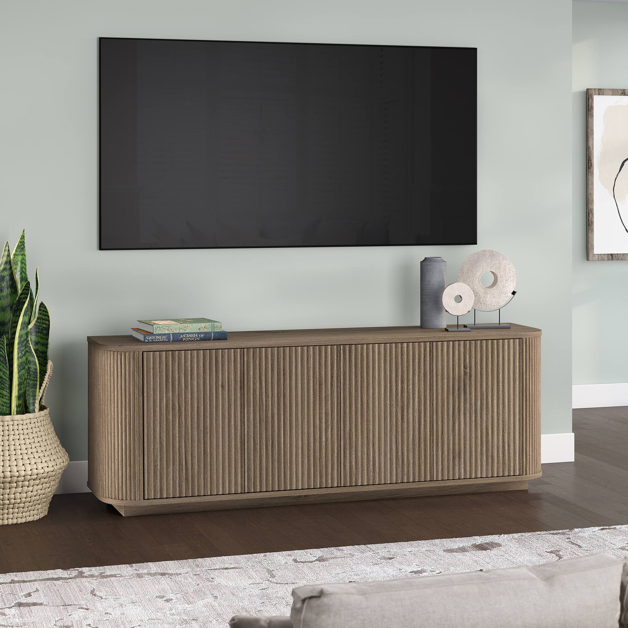 Alt View 3. Hudson&Canal - Canton Rectangular TV Stand for TV's up to 75" in Antiqued Gray Oak - Antiqued Gray Oak.