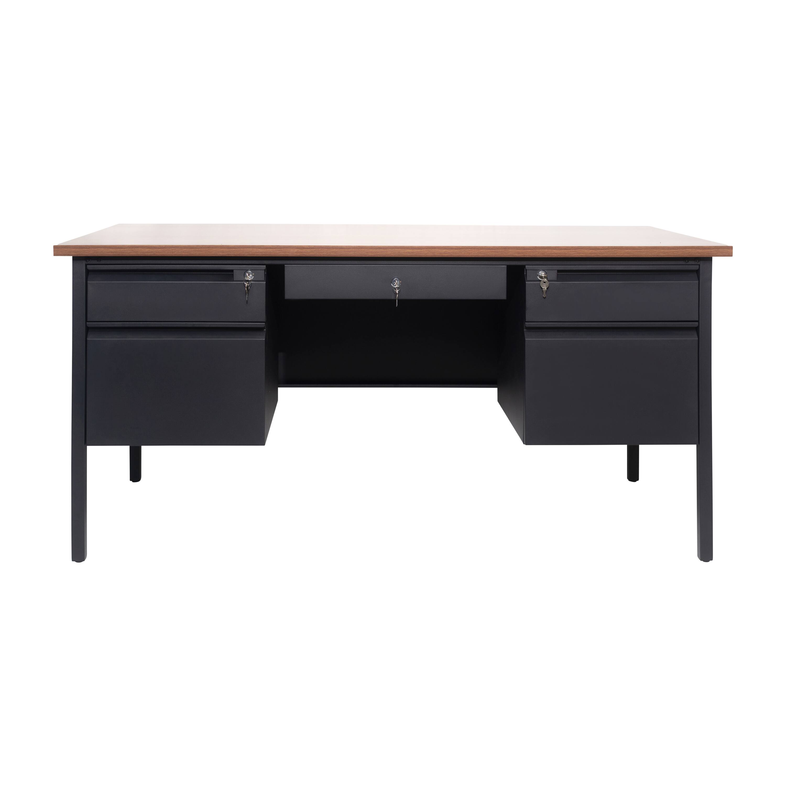 Angle. Flash Furniture - Cambridge Commercial Grade 30x60 Double Pedestal Desk with 5 Locking Drawers, Walnut Top and Black Frame - Brown.