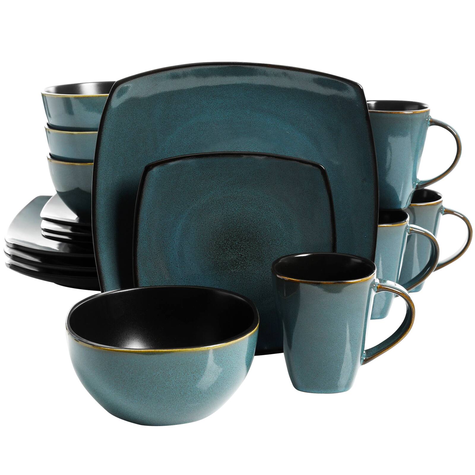 Gibson - Soho Lounge 16-Piece Soft Square Dinnerware Set - Teal Green