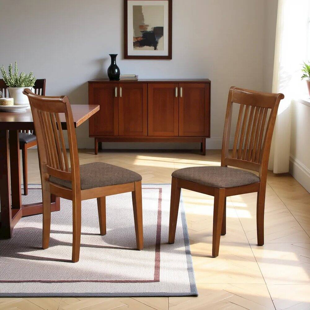 Back. FurniFact - Elegant Slat Back Dining Chairs Set of 2 – Brown Wooden Kitchen Seats - Saddle Brown.