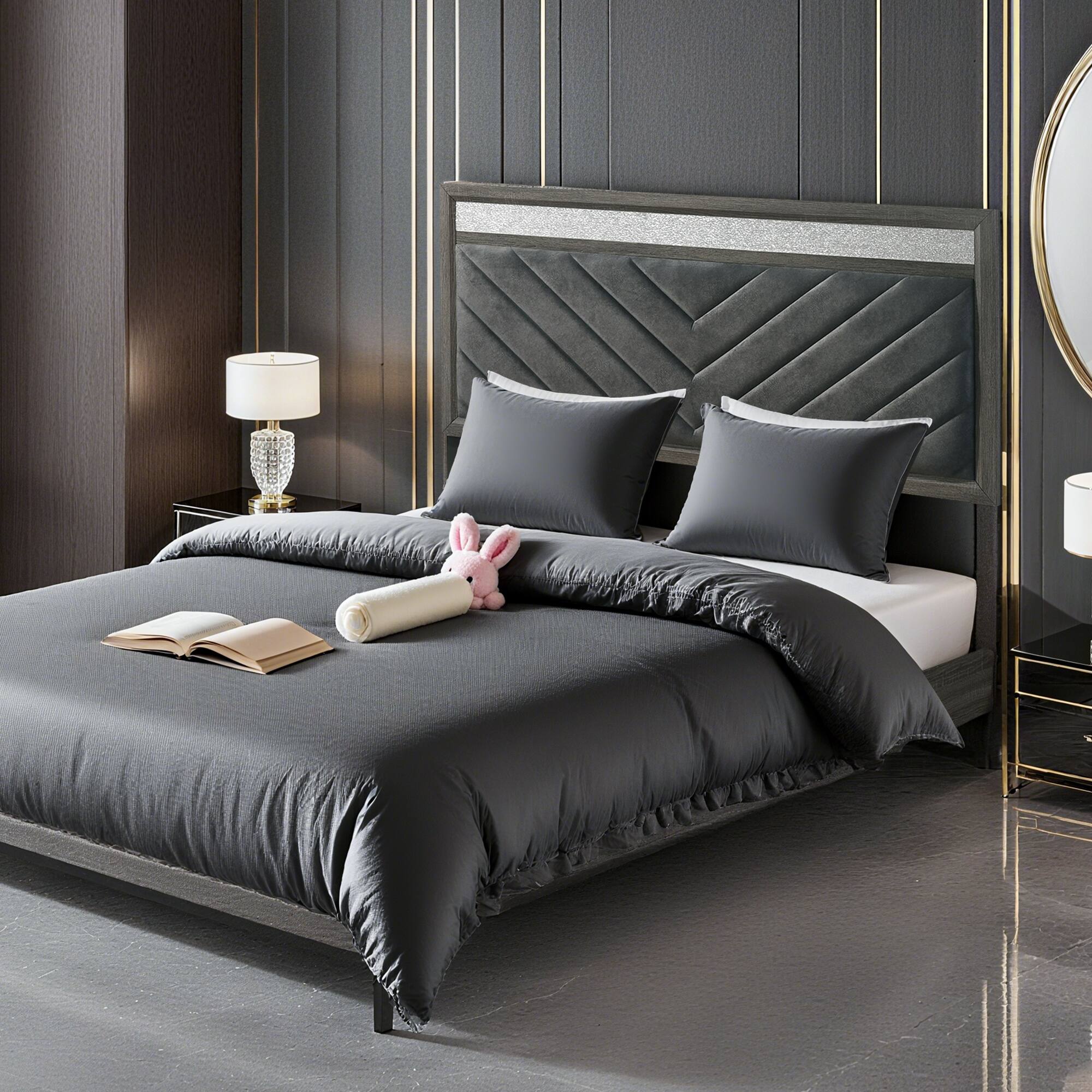 Alt View 2. Vaczon - Full/Double Upholstered Bed Frame with Storage Drawers and Crystal-Like Handles Space-Saving Modern Bedroom Bed - Gray.