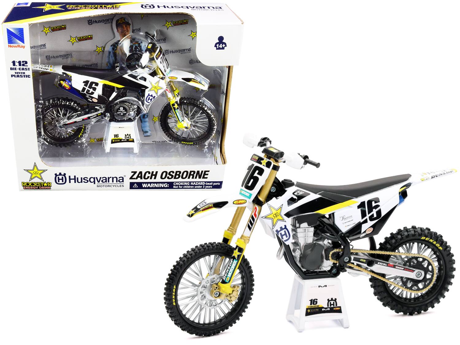Husqvarna  
1:12 DIE-CAST WITH PLASTIC  
ZACH OSBORNE  
16  
Husqvarna MOTORCYCLES  
WARNING: CHOKING HAZARD-Small parts Not for children under 3 years  
14+